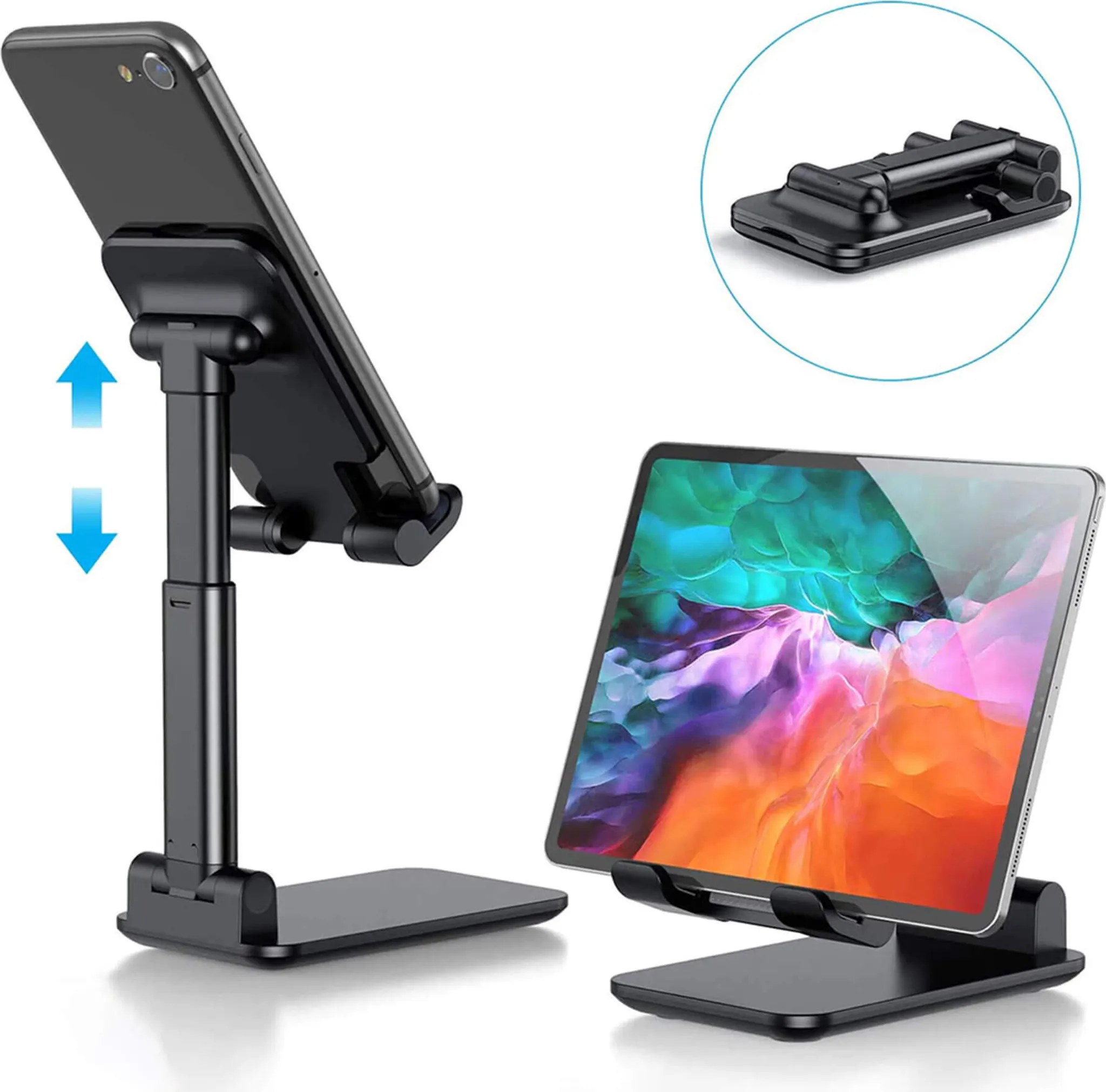 Schwarzer, verstellbarer Tablet-Ständer, der ein Tablet und ein Telefon hält. Einer ist gefaltet.