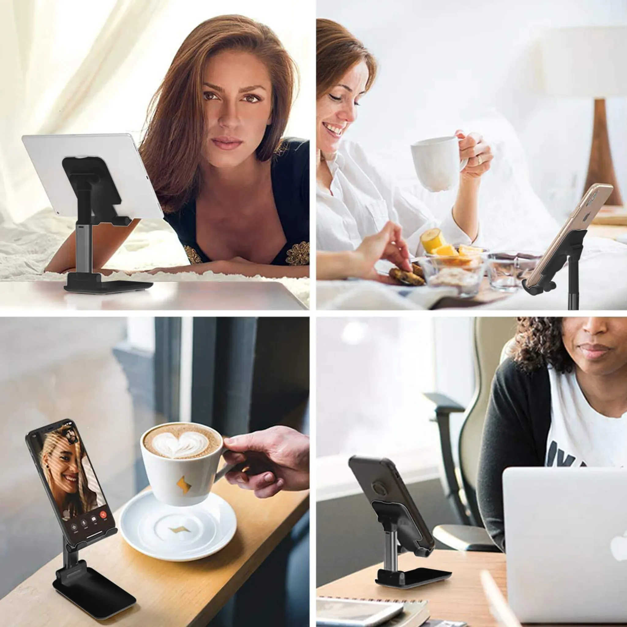 Vier Fotos, die zeigen, wie Menschen Telefonständer in verschiedenen Umgebungen verwenden.