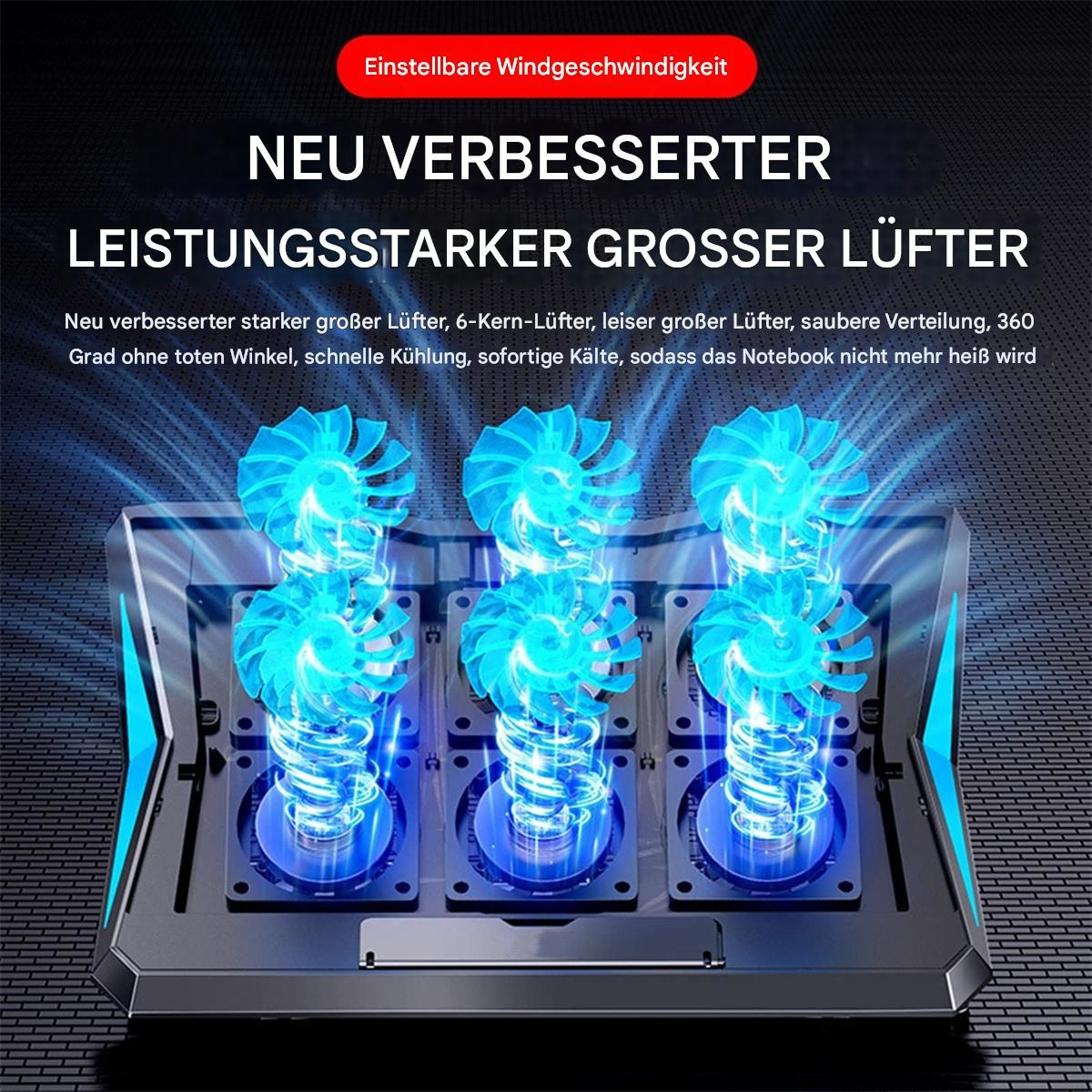 Ein schwarzer Laptop-Kühler mit blauen Lichtern und Ventilatoren. Auf schwarzem Untergrund.
