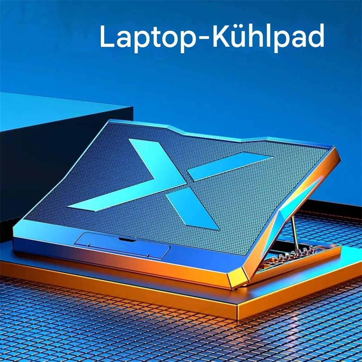 Ein blaues Laptop-Kühlpad mit geometrischem Design, auf einer goldenen Oberfläche mit einem Netzwerkhintergrund.