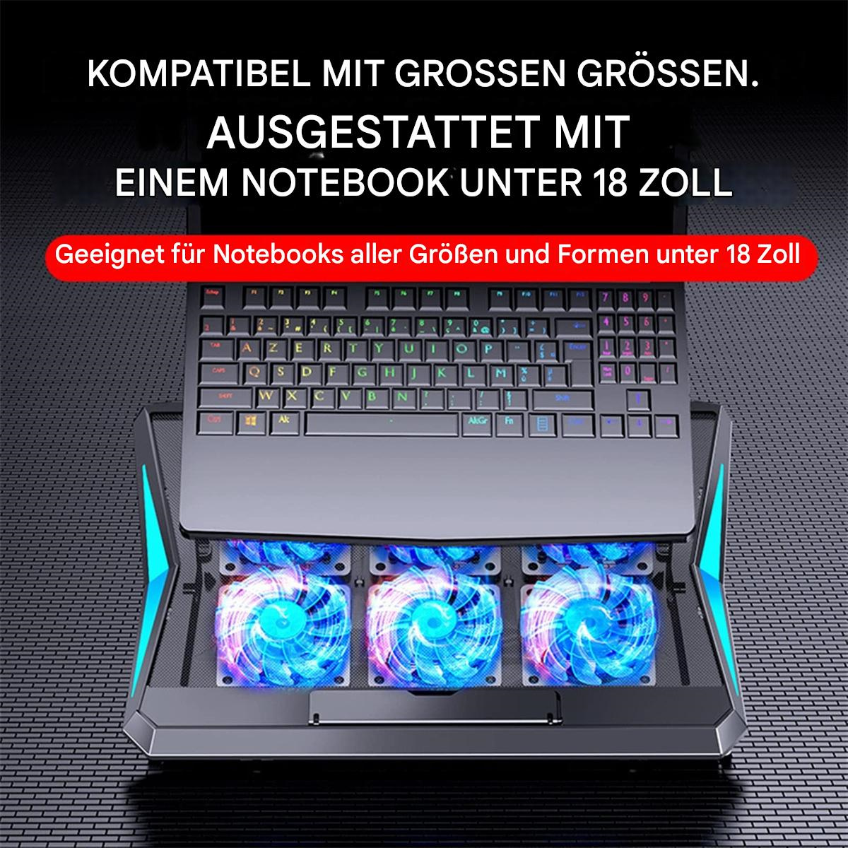 Laptop-Kühlpad mit Tastatur und Lüftern. Der rote Balken besagt: Geeignet für Laptops aller Größen unter 18 Zoll.
