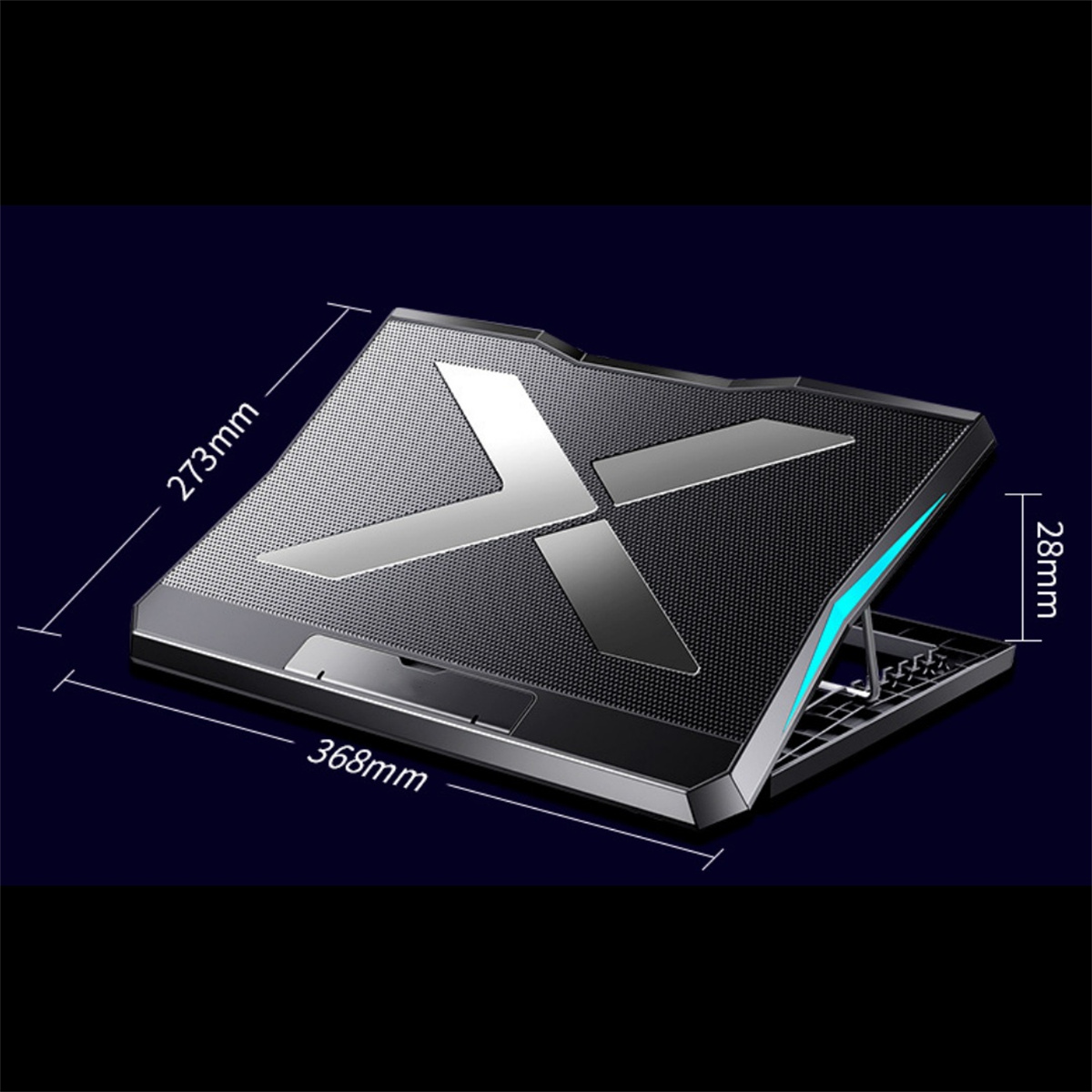Schwarzes Laptop-Kühlpad mit silbernem X, Maße sind auf dem Bild angegeben. Es hat blaue LED-Leuchten.