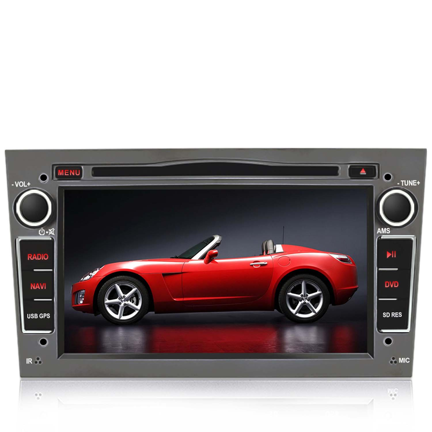 Autoradio mit rotem Auto auf dem Bildschirm.