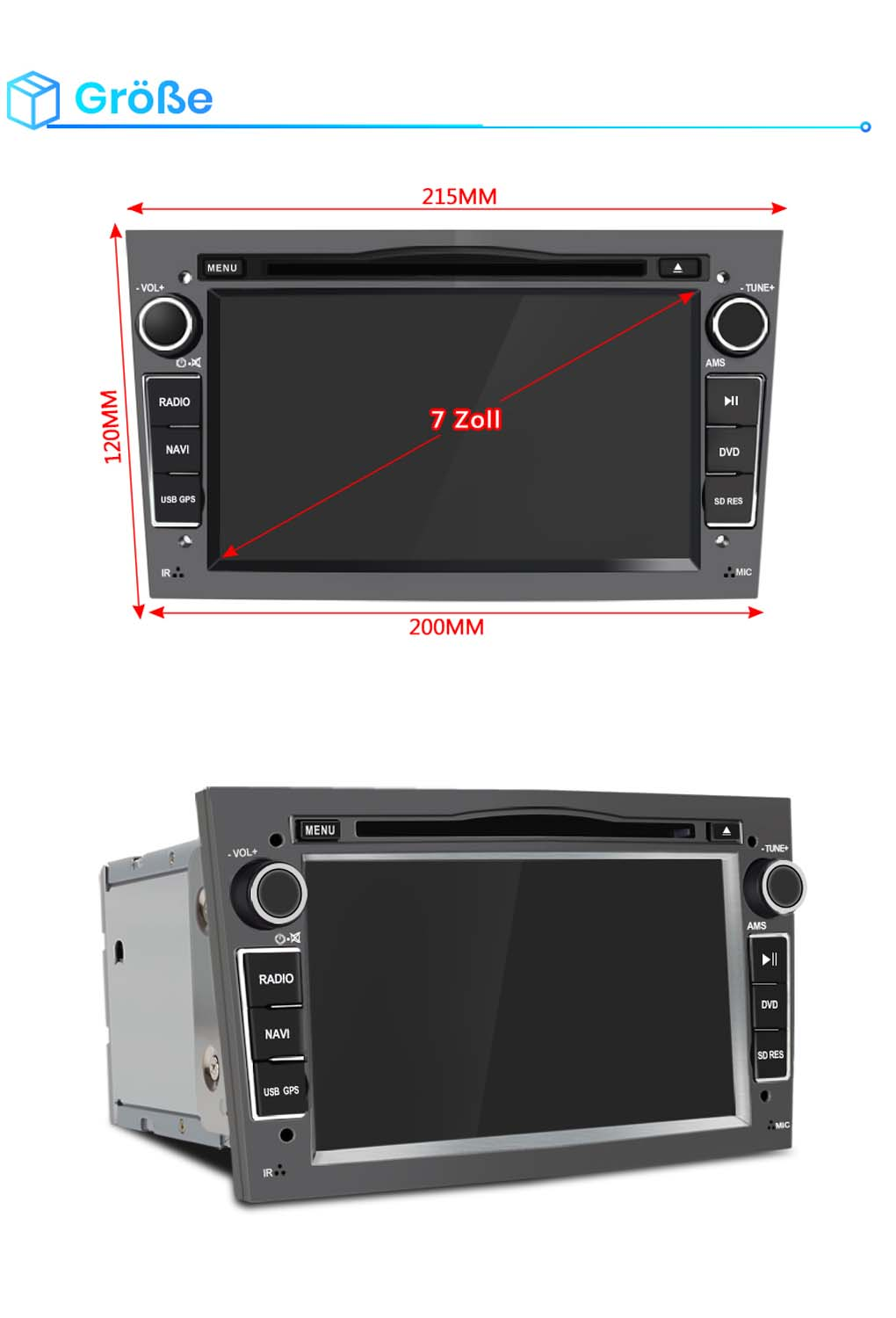 Autoradio-Abmessungen. Draufsicht zeigt 215 mm x 120 mm. Seitenansicht zeigt 200 mm. Bildschirmgröße ist 7 Zoll.