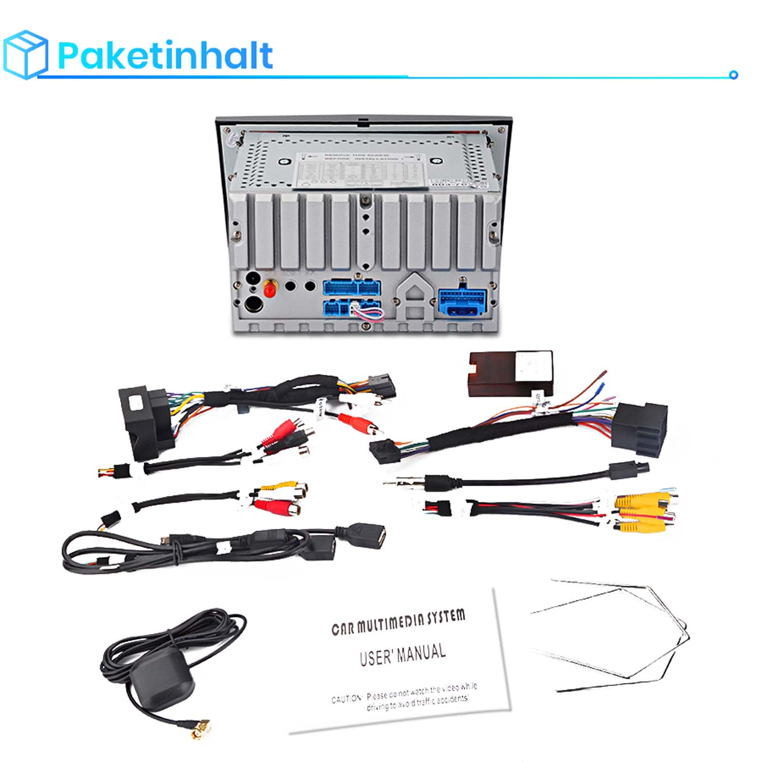 Autoradio-Multimedia-Systemteile. Kabel, Anschlüsse, eine GPS-Antenne und eine Bedienungsanleitung werden gezeigt.