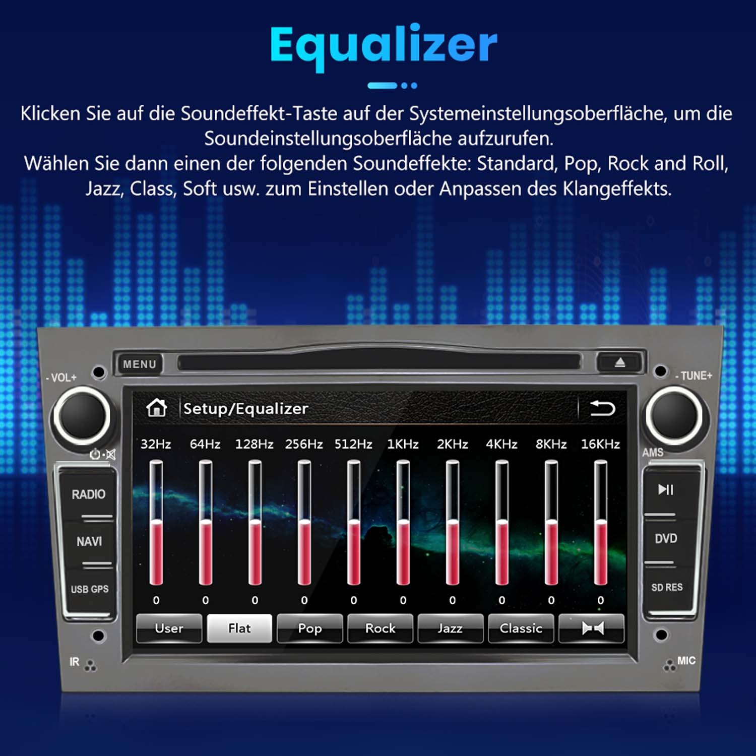 Equalizer-Einstellungen für das Autoradio. Zeigt verschiedene Frequenzbänder mit einstellbaren Pegeln.