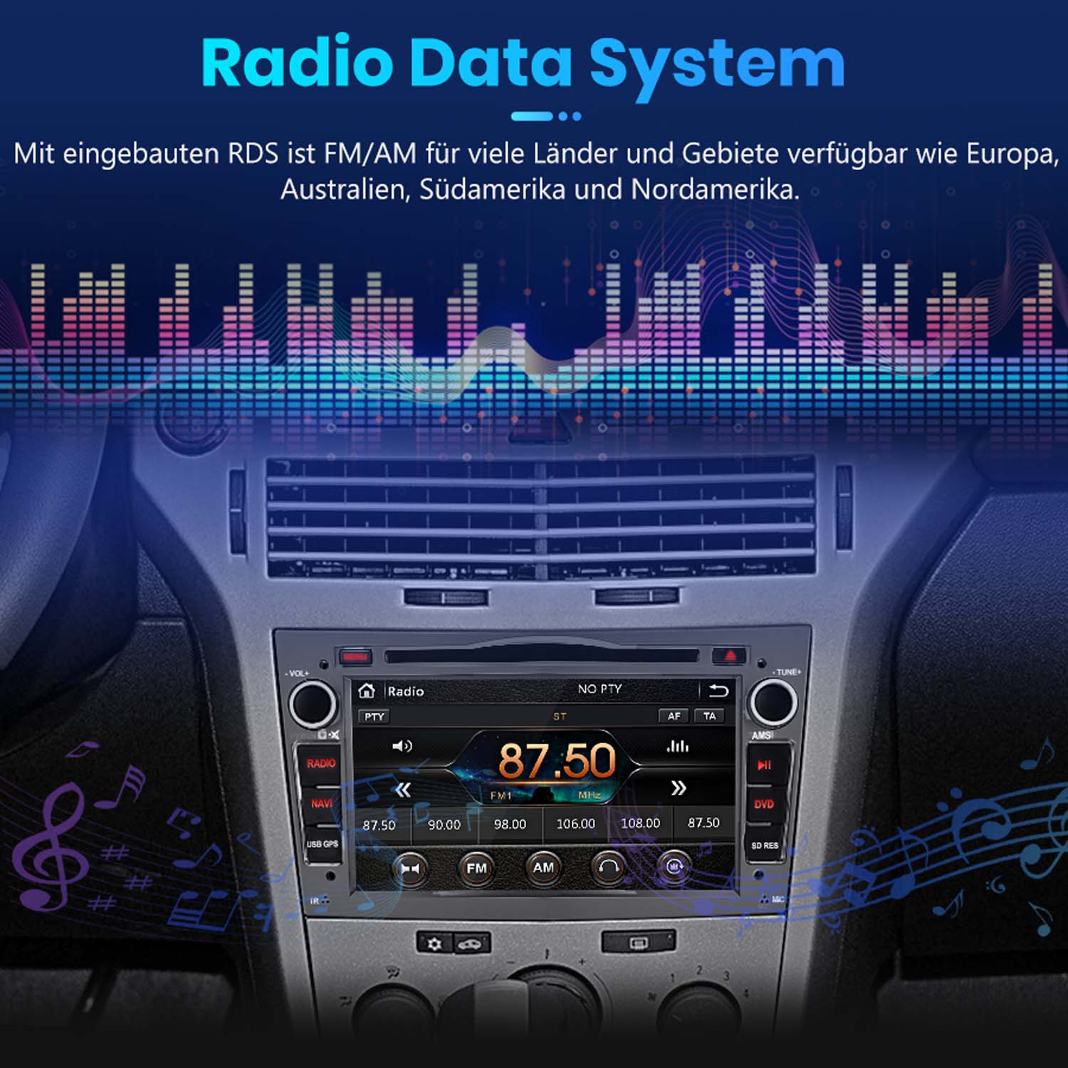 Autoradio mit Radio Data System (RDS). Zeigt Radiofrequenz, Stationsname und andere Daten an.