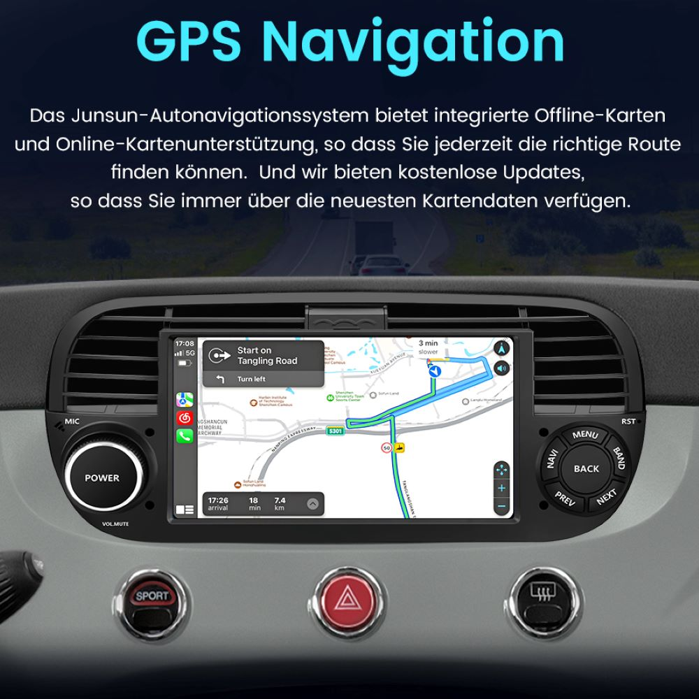 Auto-Armaturenbrett mit GPS-Navigation, Karte und Straßennamen.