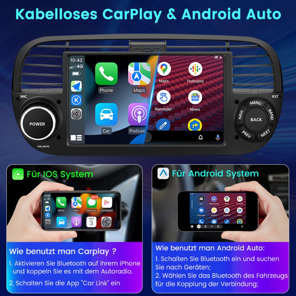 Auto-Infotainmentsystem mit CarPlay- und Android Auto-Funktionen. Zeigt App-Symbole und Hände, die Telefone halten.