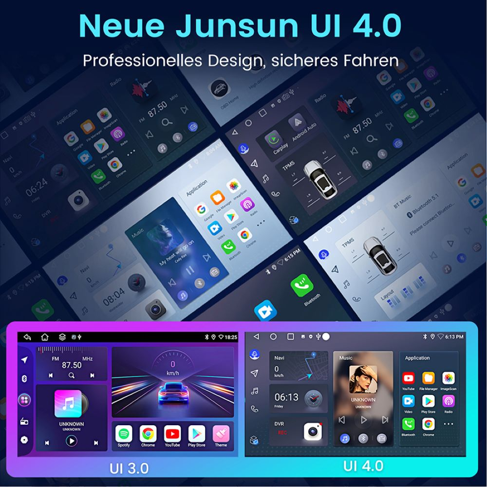 Auto-Armaturenbrett mit verschiedenen UI-Oberflächen und Apps.