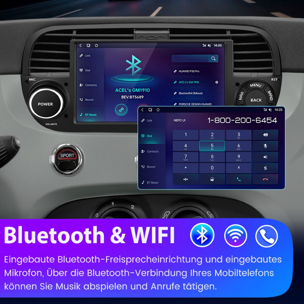Autoradio-Oberfläche mit Bluetooth- und WiFi-Funktionen. Zeigt Tasten und einen Wählbildschirm, mit Armaturenbrett im Hintergrund.