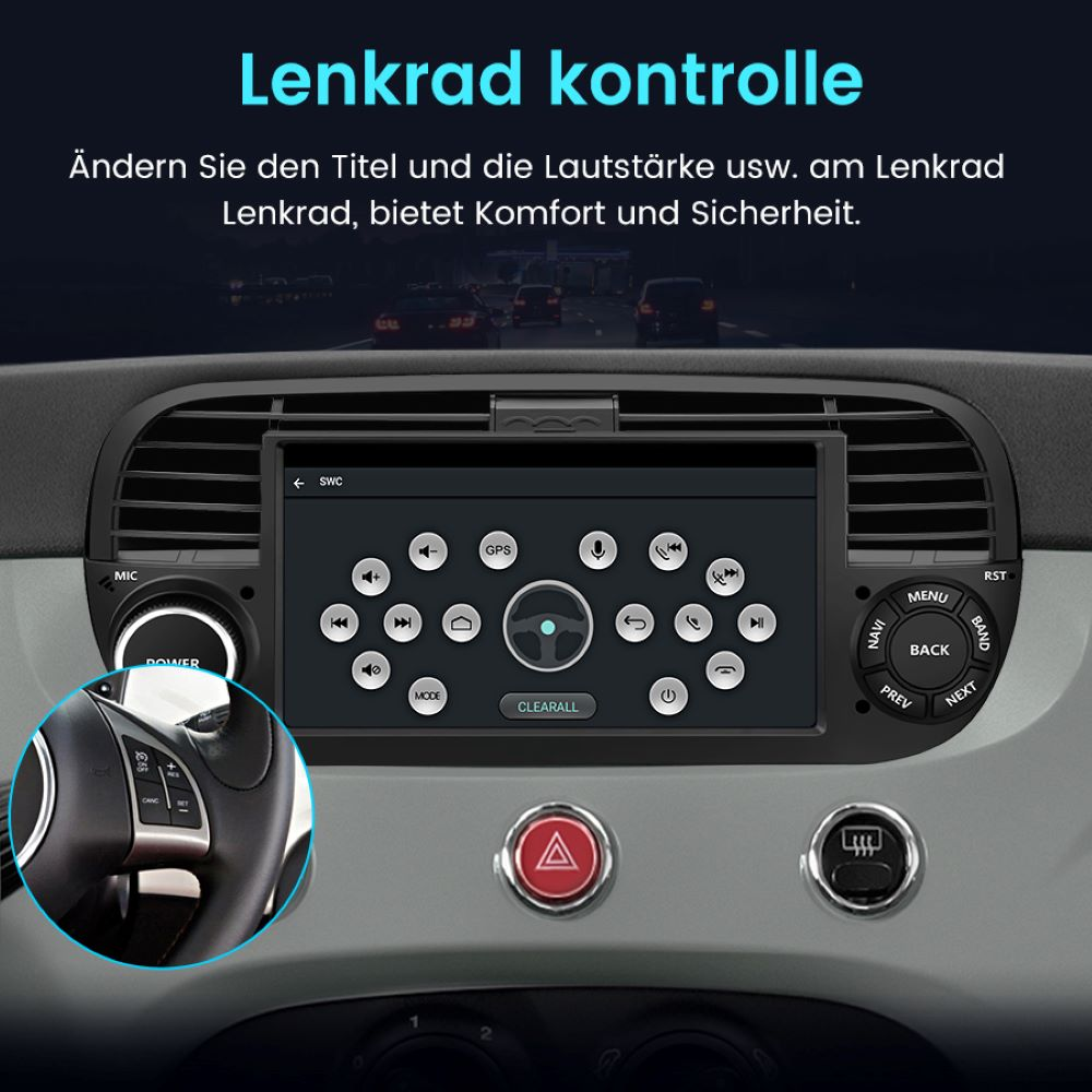 Auto-Armaturenbrett mit Lenkradbedienelementen und Benutzeroberfläche.