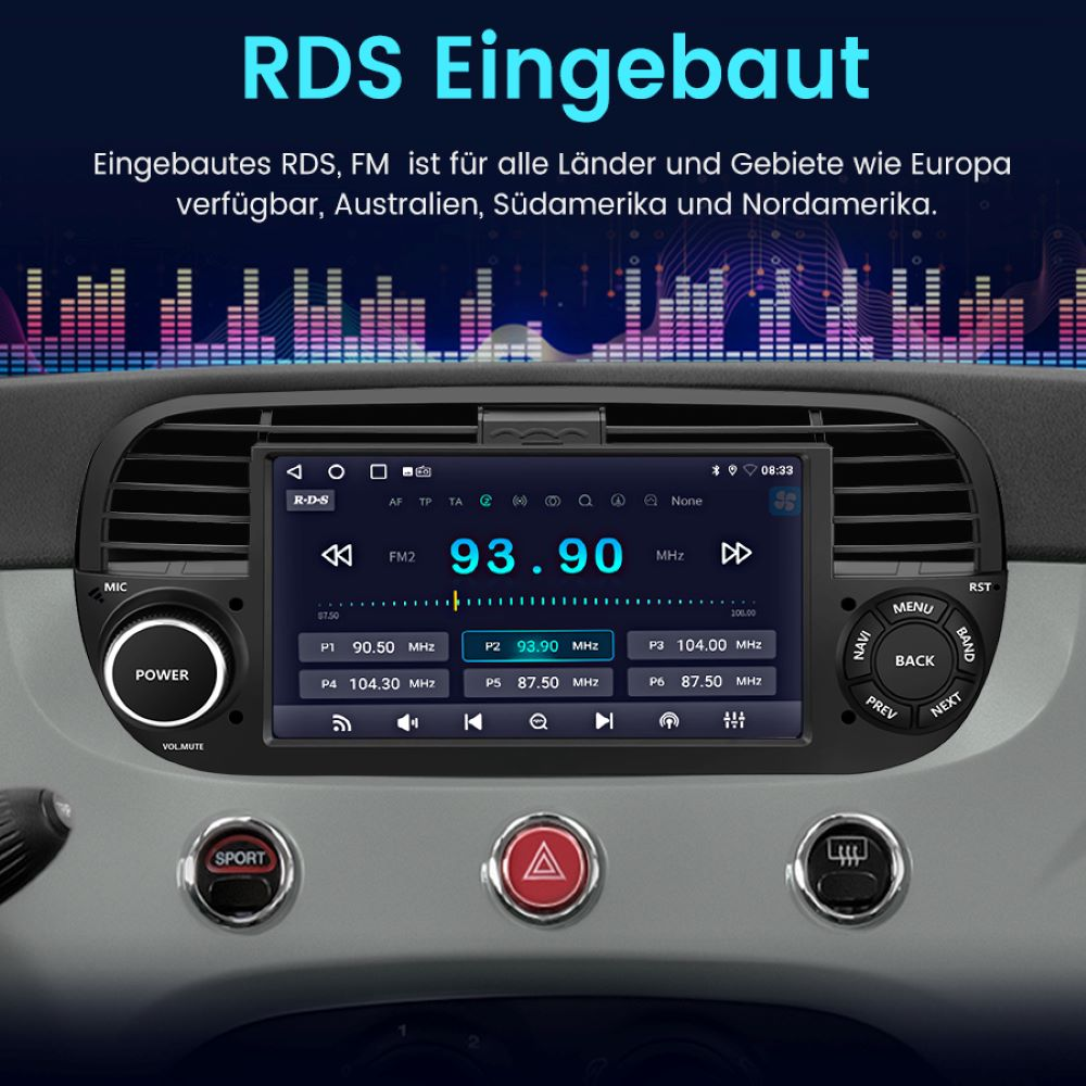 Autoradio mit RDS-Funktion. Zeigt die Radiooberfläche, Frequenz und Tasten. Ein Armaturenbrett im Hintergrund.