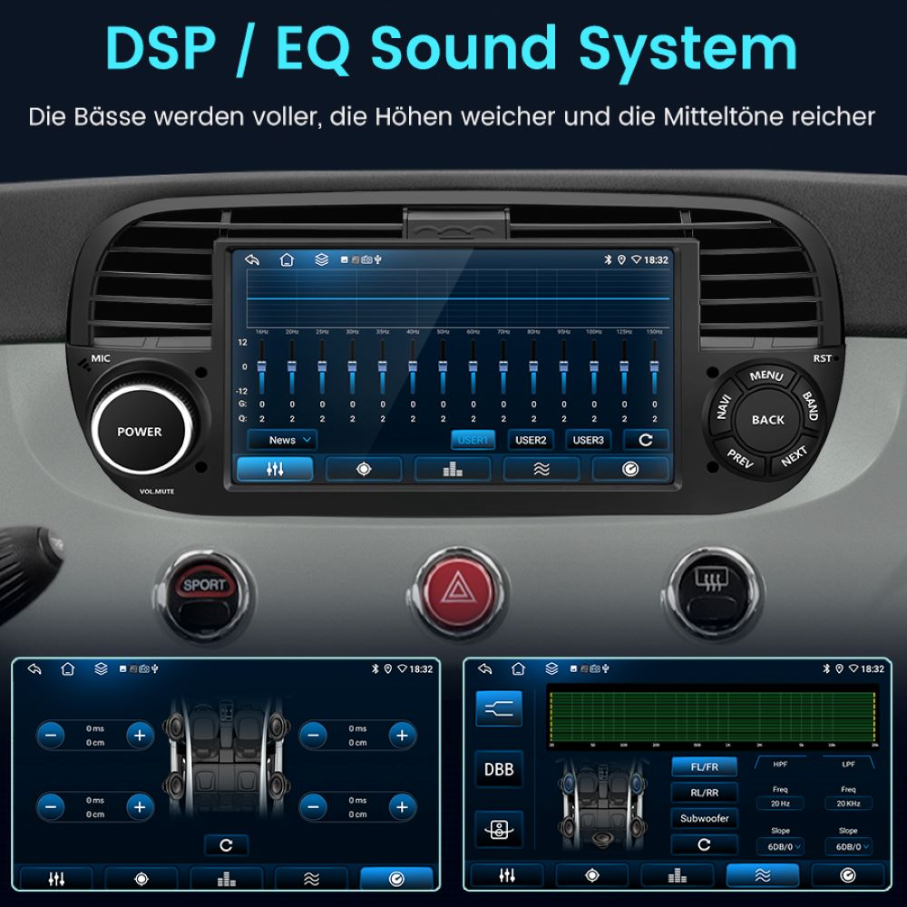 Auto-Armaturenbrett mit EQ-Sound-System-Oberfläche und Einstellungen.