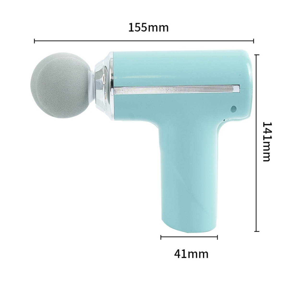 Eine türkisfarbene Massagepistole mit grauem Kopf. Abmessungen: 155 mm, 141 mm und 41 mm.