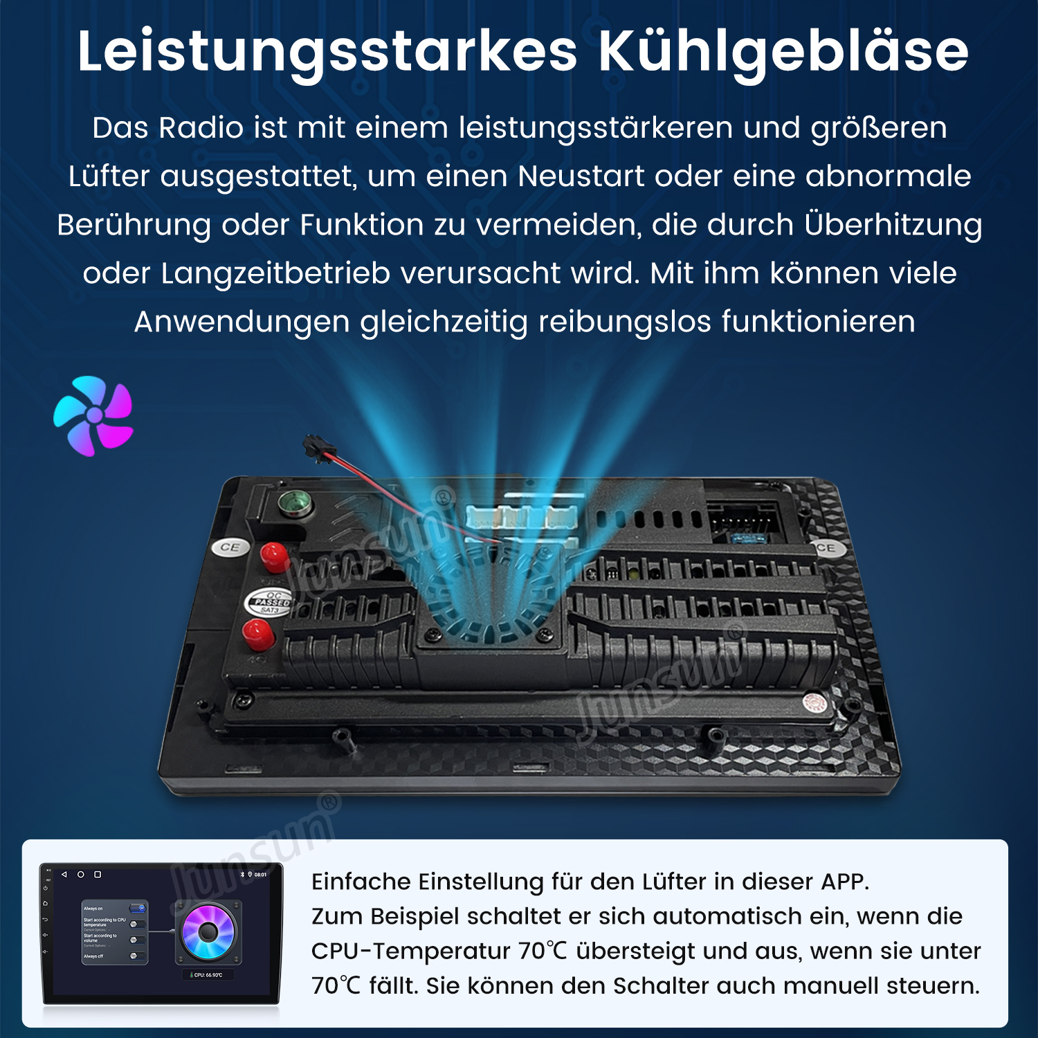 Interne Komponenten des Autoradios mit Lüfter zur Kühlung und kleinem Bildschirm.