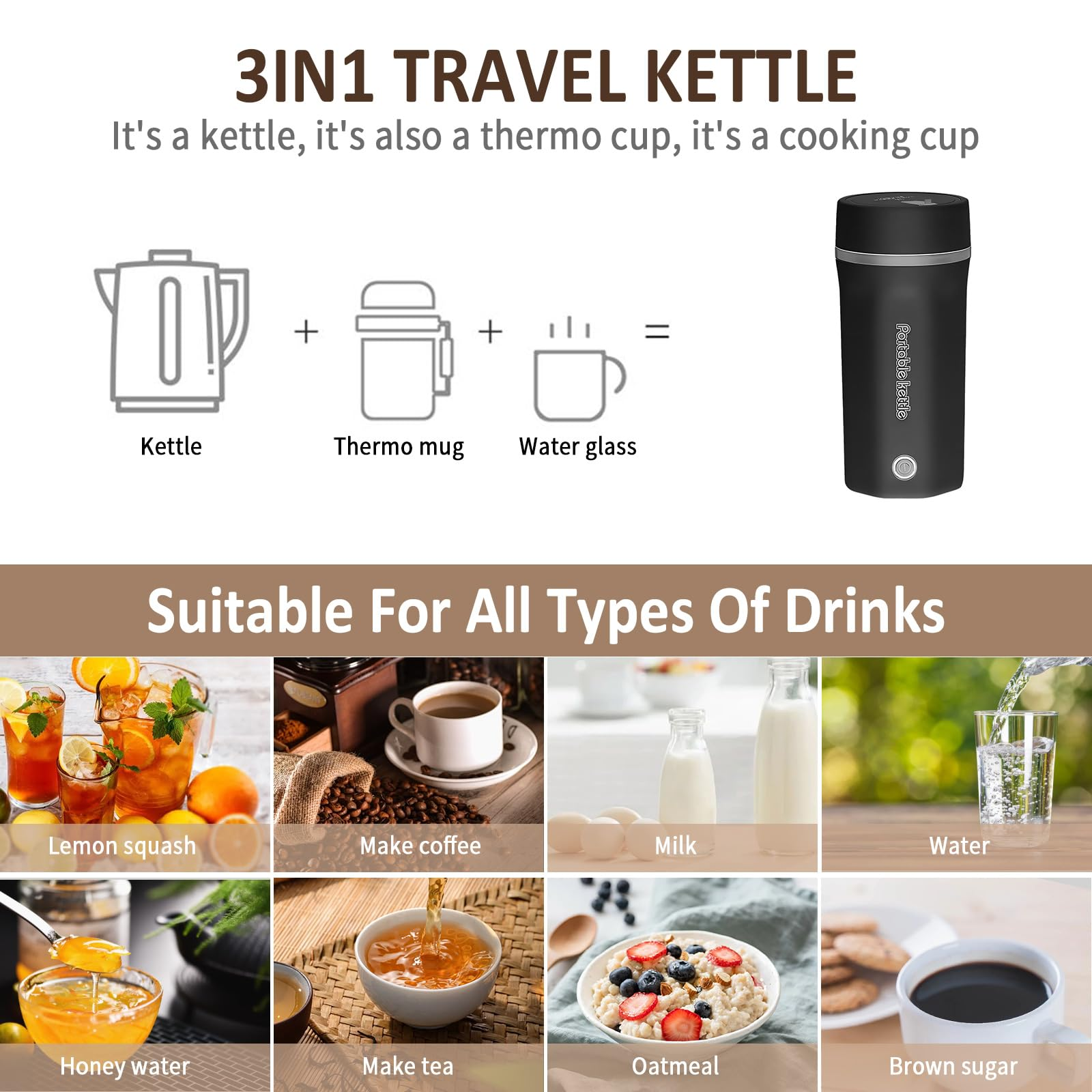 Ein schwarzer Reisekocher mit Becher, Kessel und Thermobecher. Zeigt verschiedene Getränke: Kaffee, Wasser, Milch und andere.