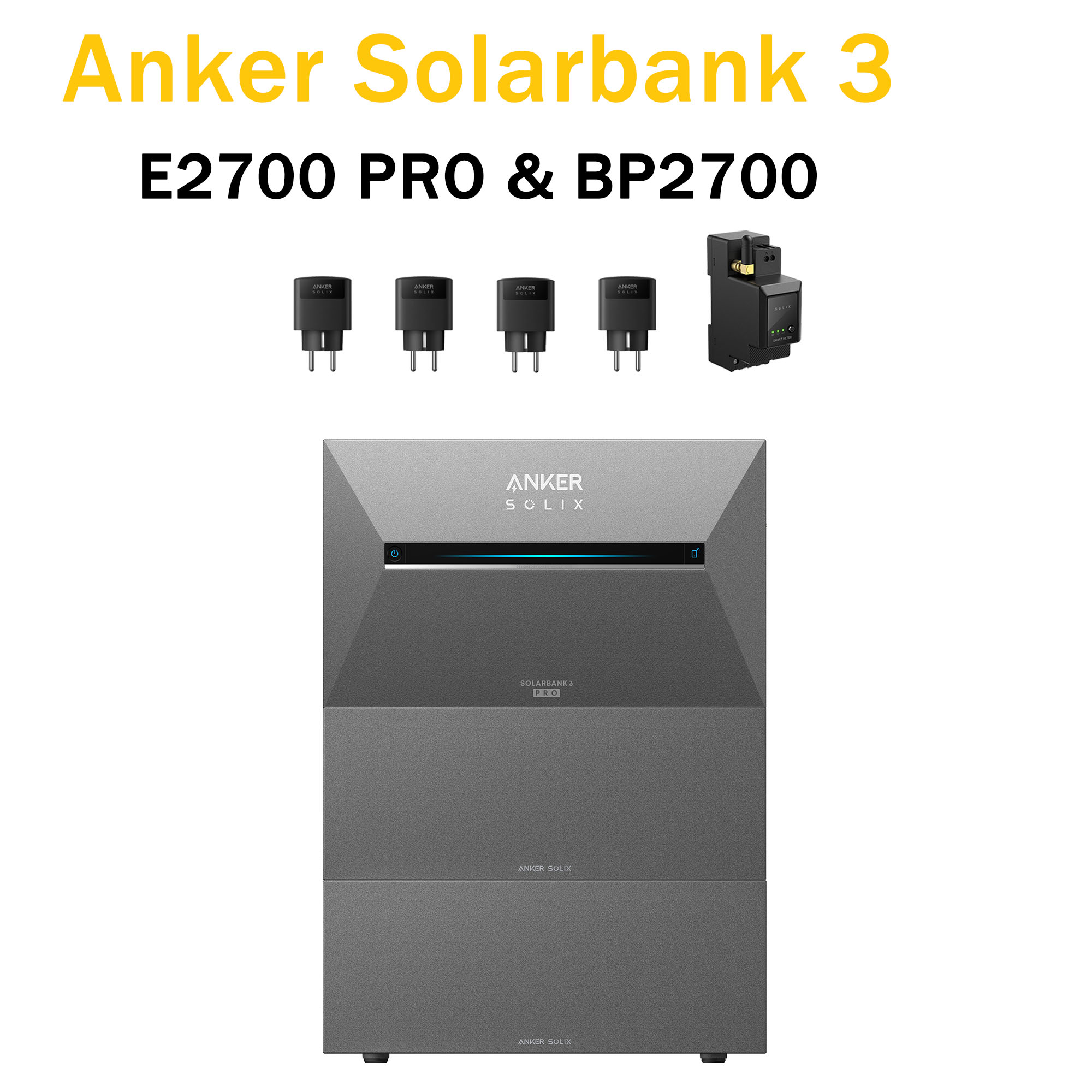 Anker Solarbank 3 mit Zubehör. Zeigt das Solarpanel, die Powerbank und verschiedene Adapter.