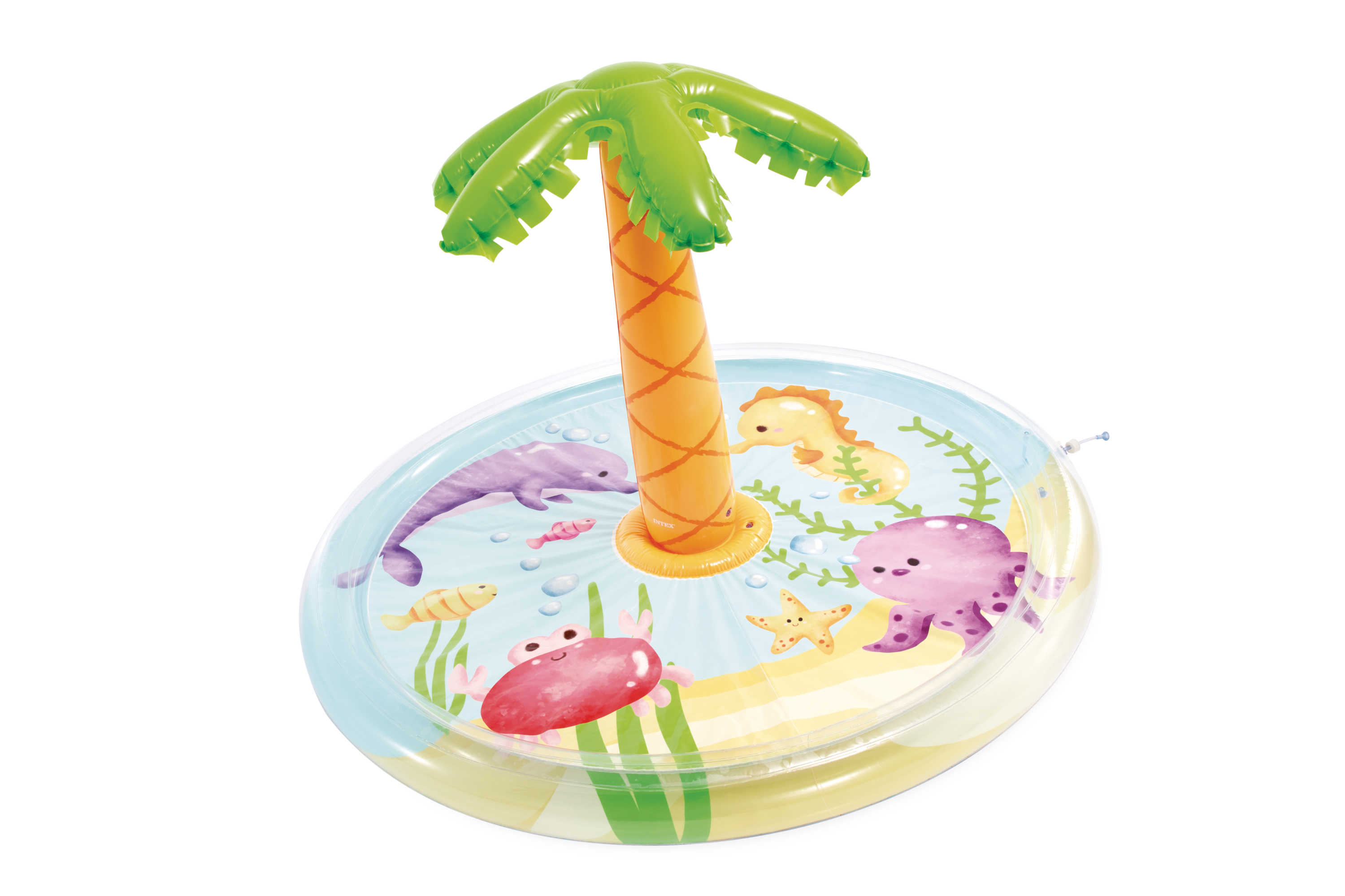 Ein aufblasbarer Kinderpool mit Palmen, Seepferdchen, Delfinen, Krebsen und Seesternen.
