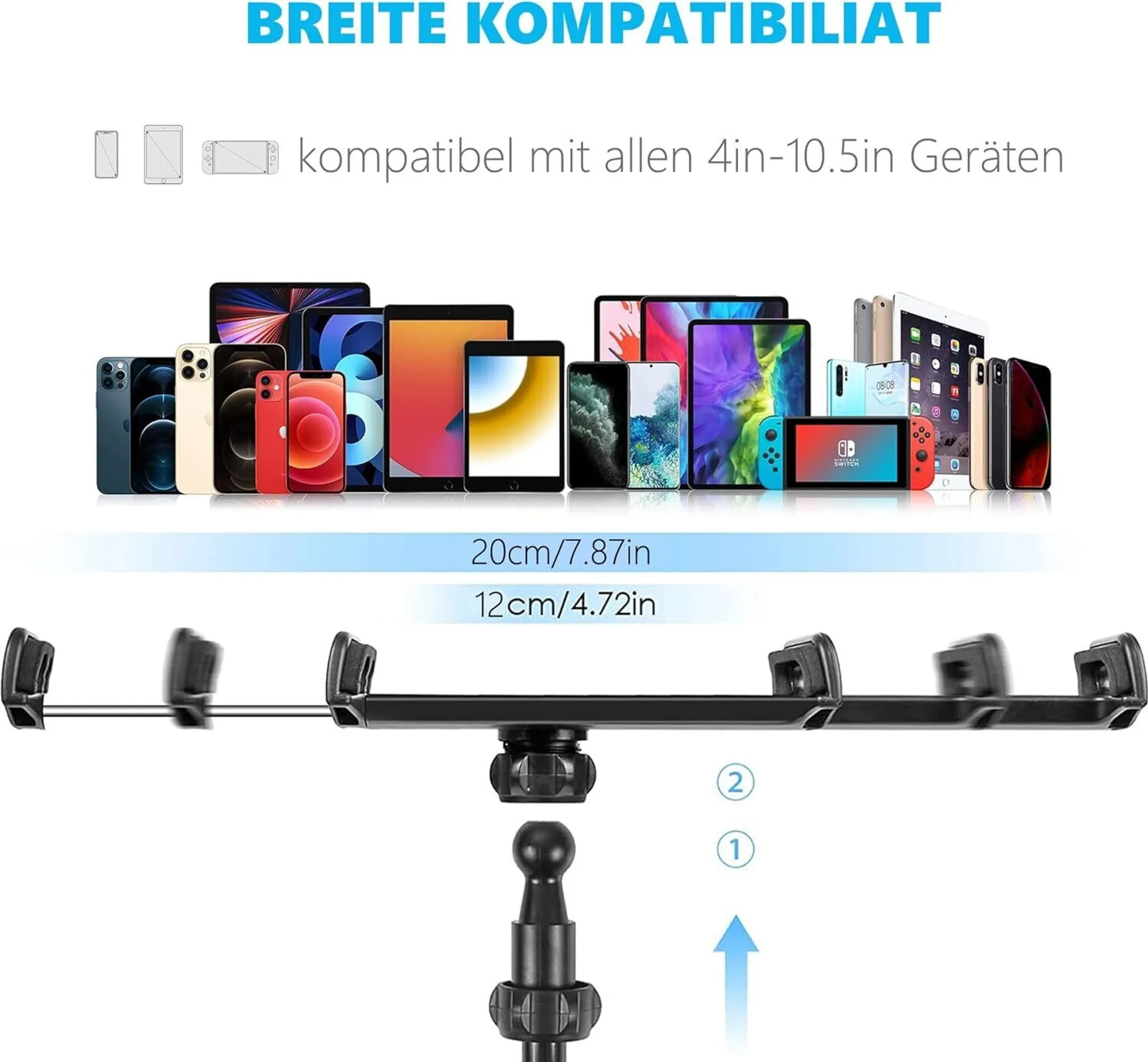 Ein Tablethalter mit verstellbaren Armen, der verschiedene Geräte hält. Ein Diagramm zeigt die Komponenten.