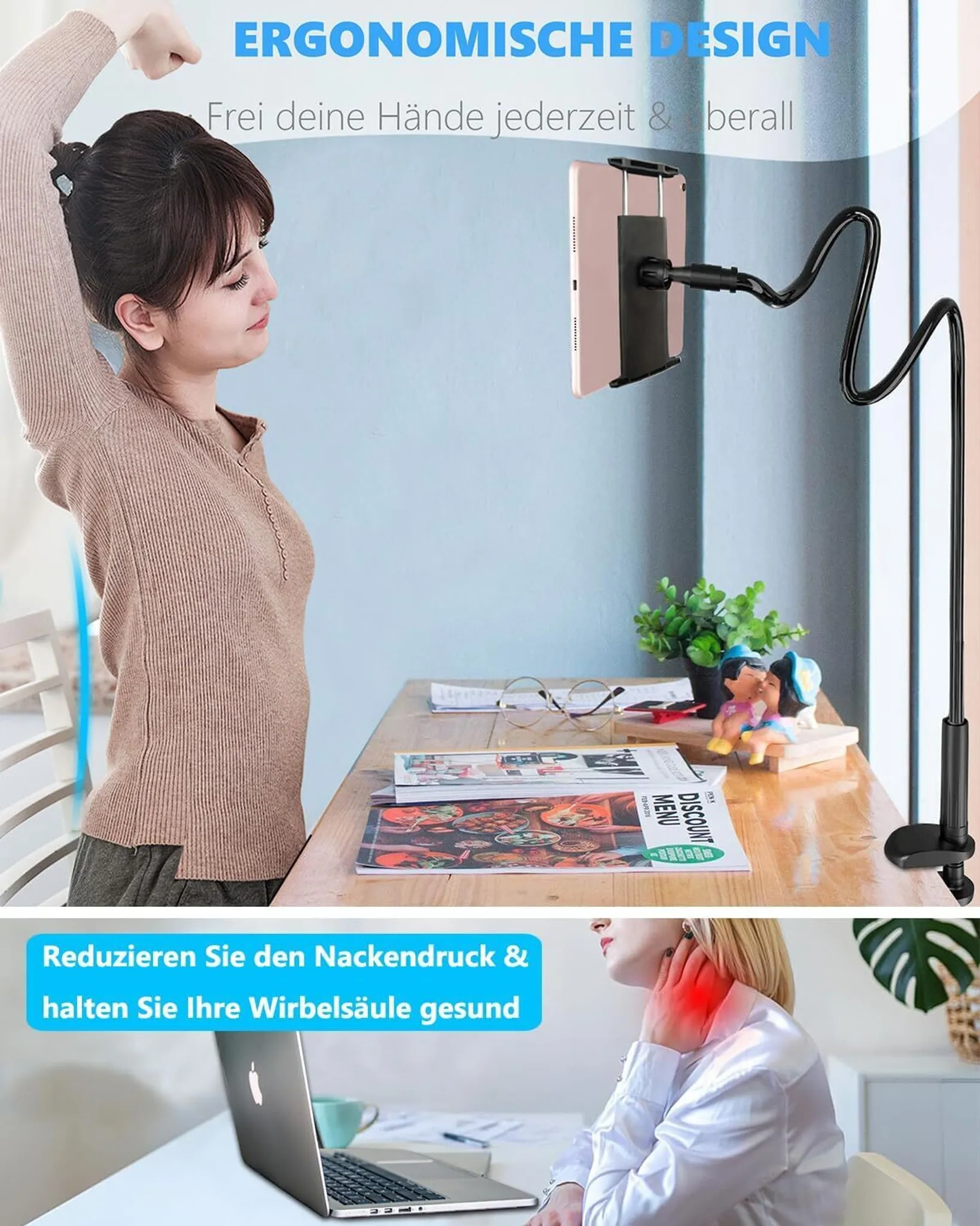 Eine Frau dehnt sich, während sie ein Tablet an einem flexiblen Arm benutzt. Eine andere Frau arbeitet am Laptop.