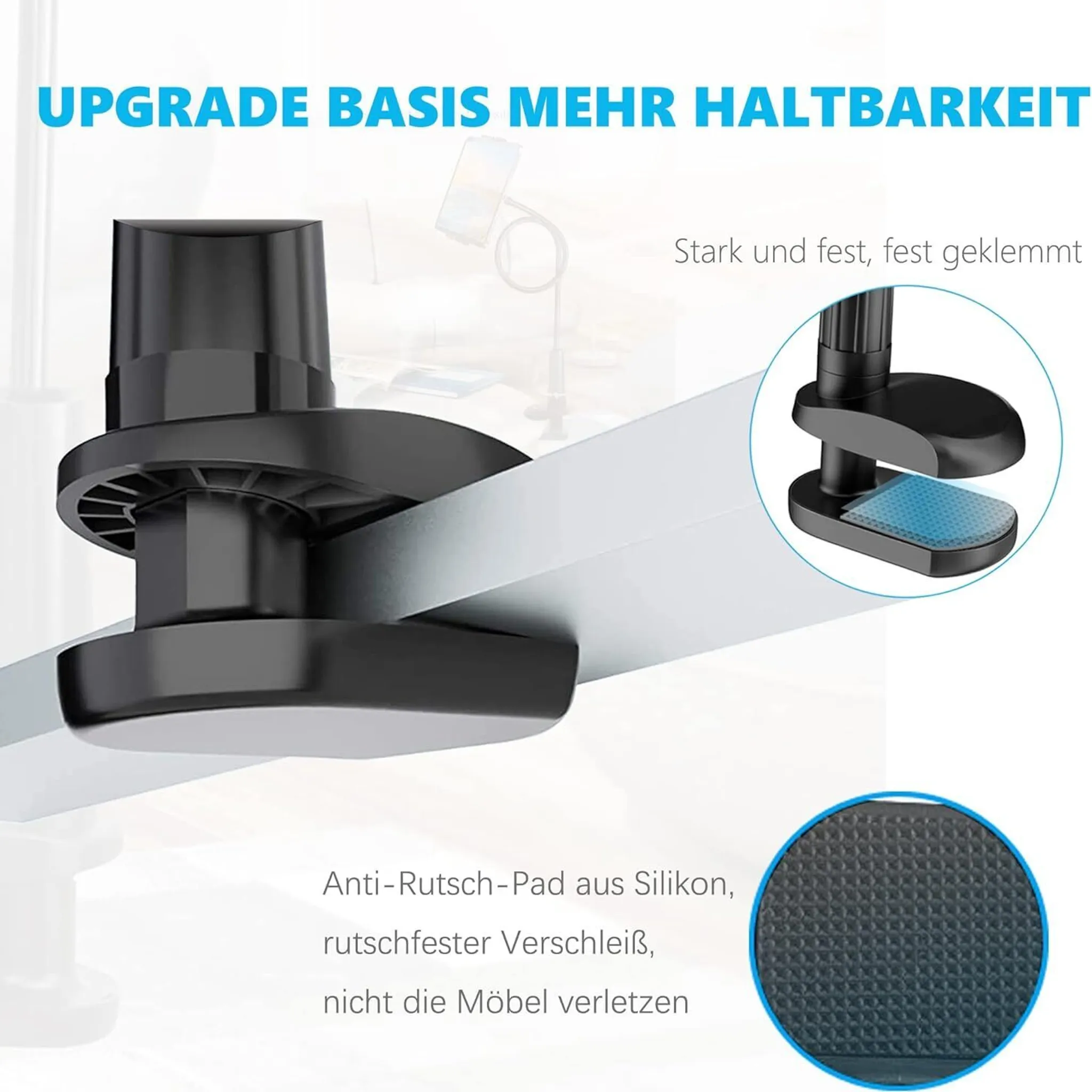 Nahaufnahme einer schwarzen Schreibtischhalterung mit einem Silikon-Anti-Rutsch-Pad, mit Text auf Deutsch.