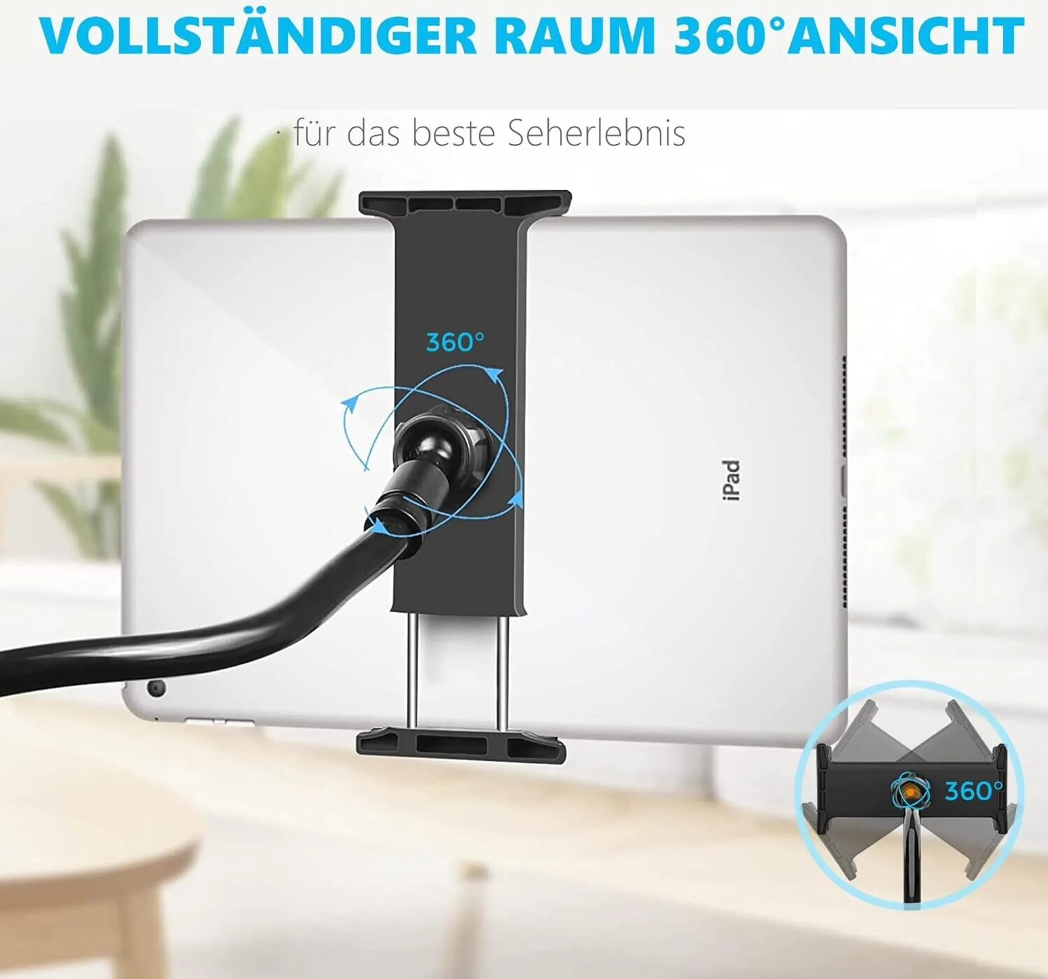 Ein Tablet wird von einem flexiblen Arm gehalten. Der Arm kann sich um 360 Grad drehen. Heller Hintergrund.