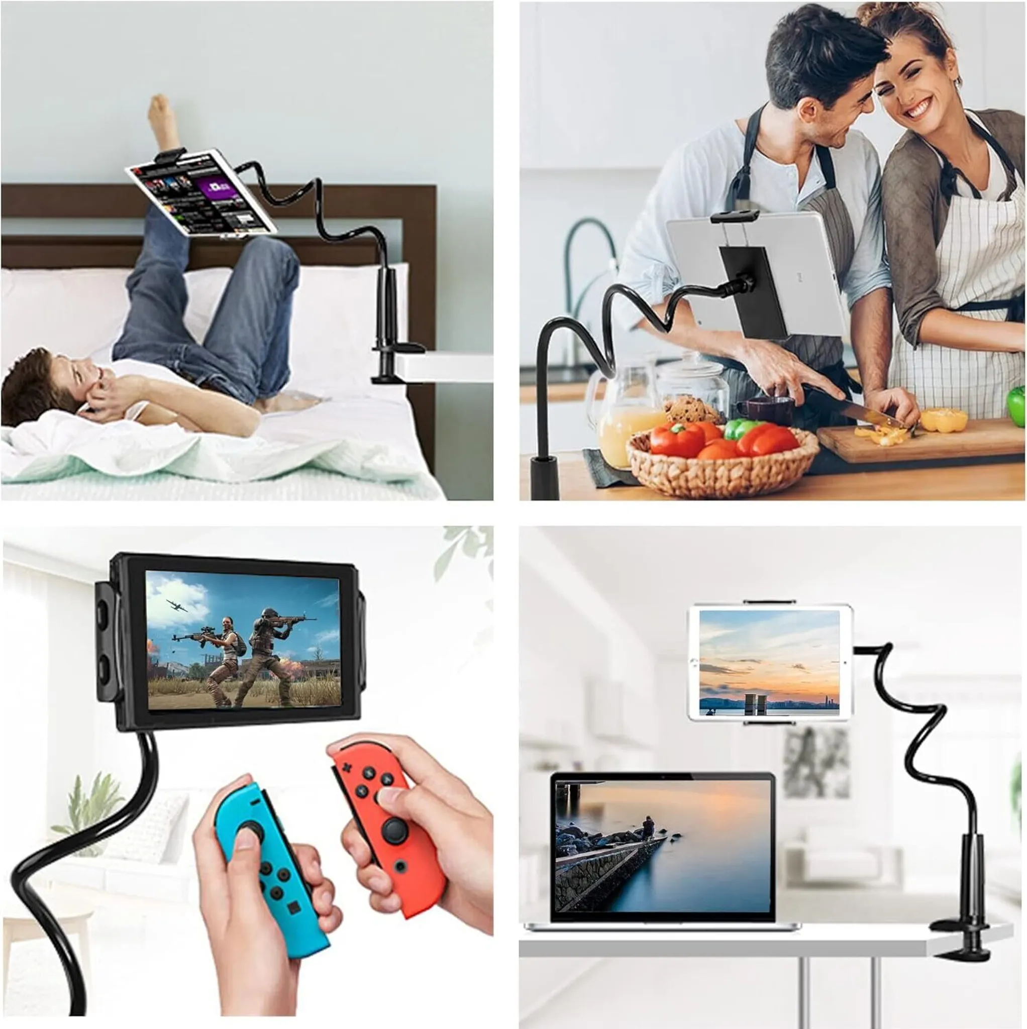 Ein Mann im Bett benutzt ein Tablet auf einem flexiblen Ständer. Andere Bilder zeigen Anwendungen.