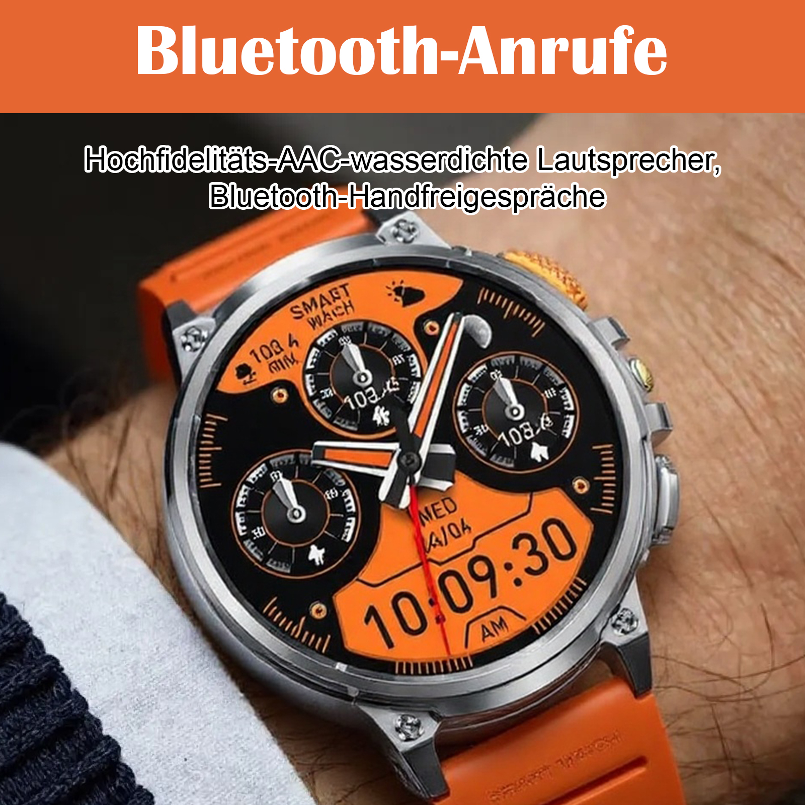 Eine Smartwatch am Handgelenk. Die Uhr zeigt Zeit und Metriken an. Text weist auf Bluetooth-Funktionen hin.