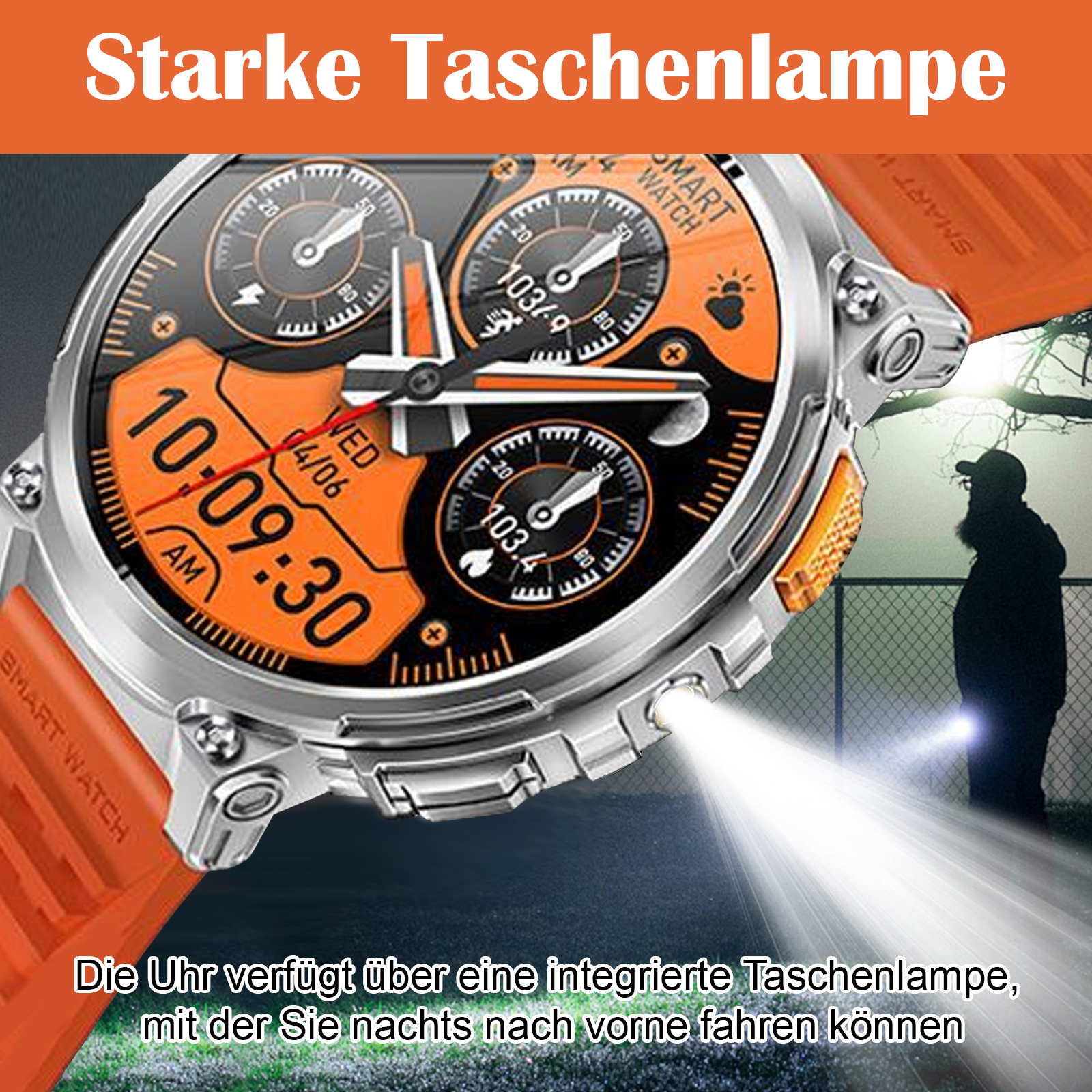 Eine Smartwatch mit orangefarbenem Armband zeigt Zeit und Metriken. Eine Person im Hintergrund benutzt eine Taschenlampe.