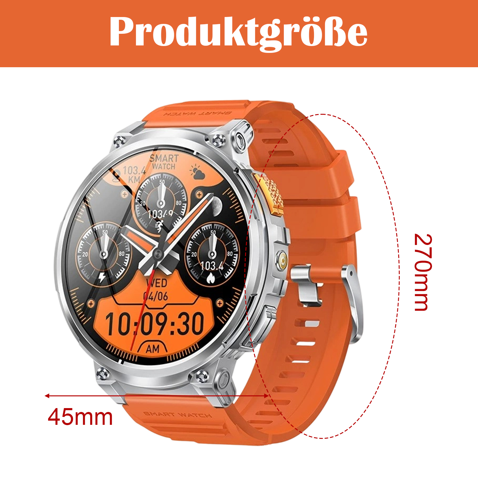 Nahaufnahme einer Smartwatch mit orangefarbenem Armband. Abmessungen: 45mm Breite, 270mm Länge.