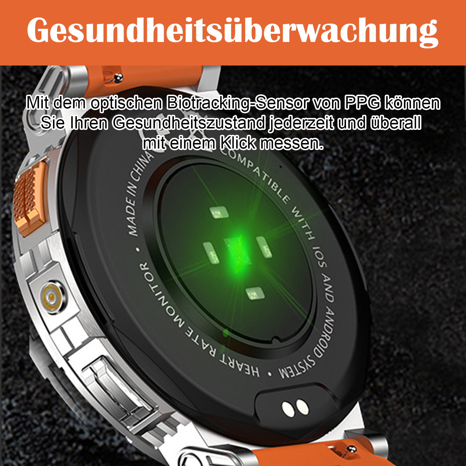 Nahaufnahme einer Smartwatch mit grünem Licht vom Sensor. Text auf Deutsch sichtbar.