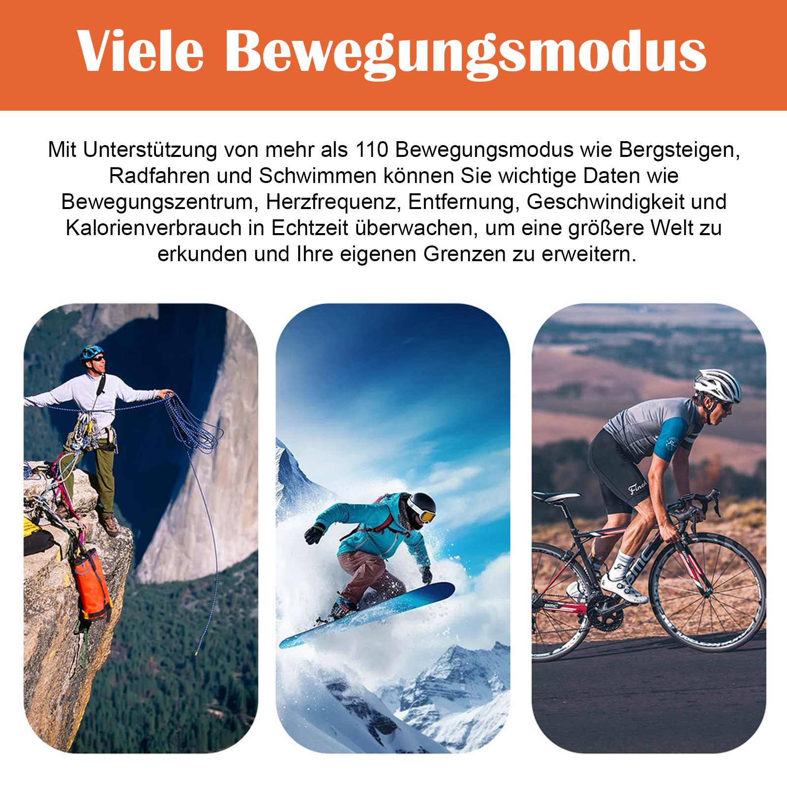 Drei Bilder, die verschiedene Aktivitäten zeigen: Klettern, Snowboarden und Radfahren. Text im Bild.