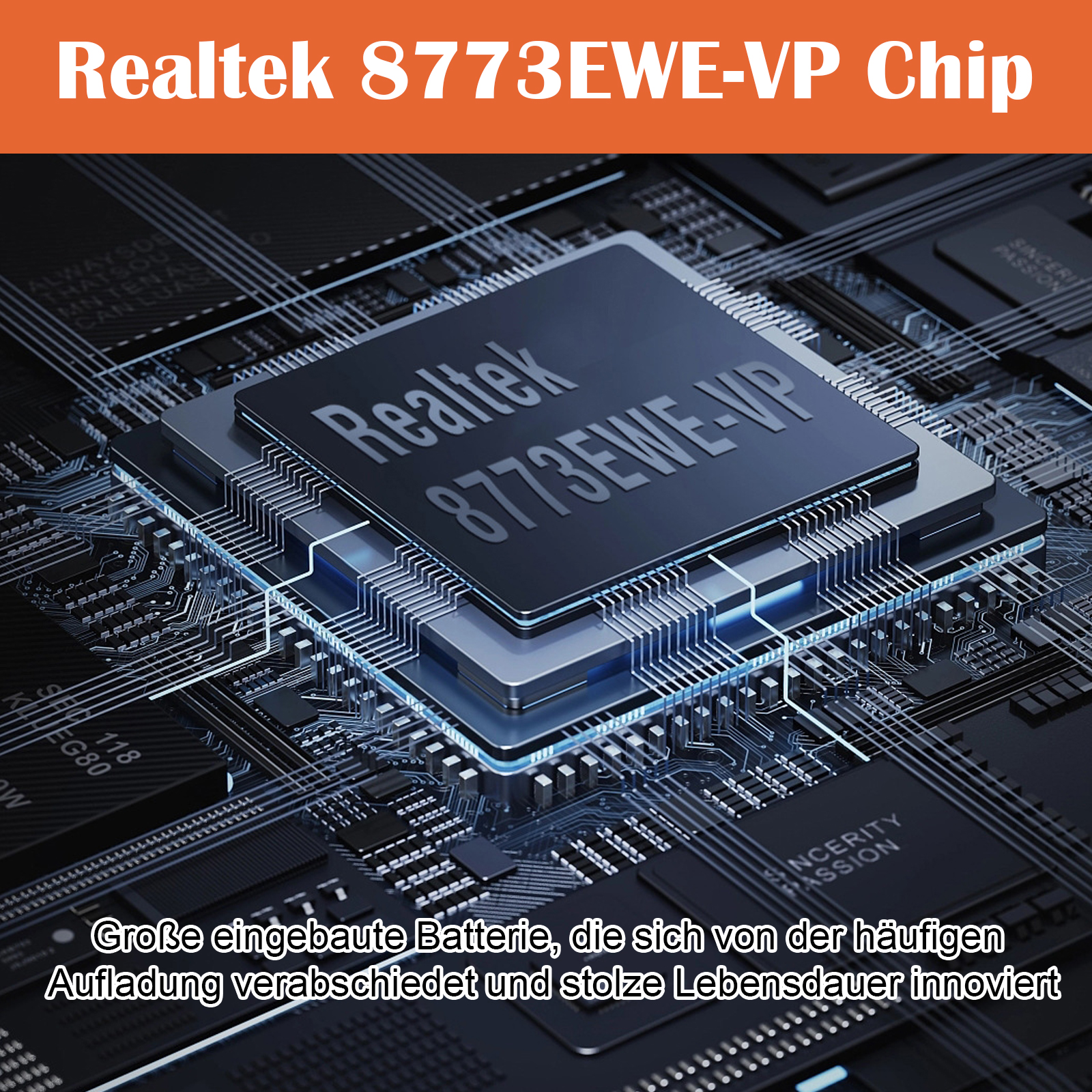Nahaufnahme einer Platine mit einem Chip mit der Aufschrift 'Realtek 8773EWE-VP'. Text ist auf Deutsch.