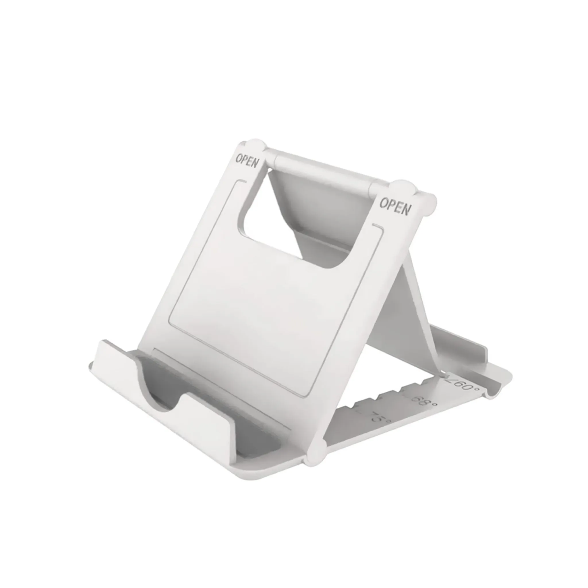 Ein weißer Tablet-Ständer in einem abgewinkelten Zustand, der verstellbare Winkelmarkierungen zeigt.