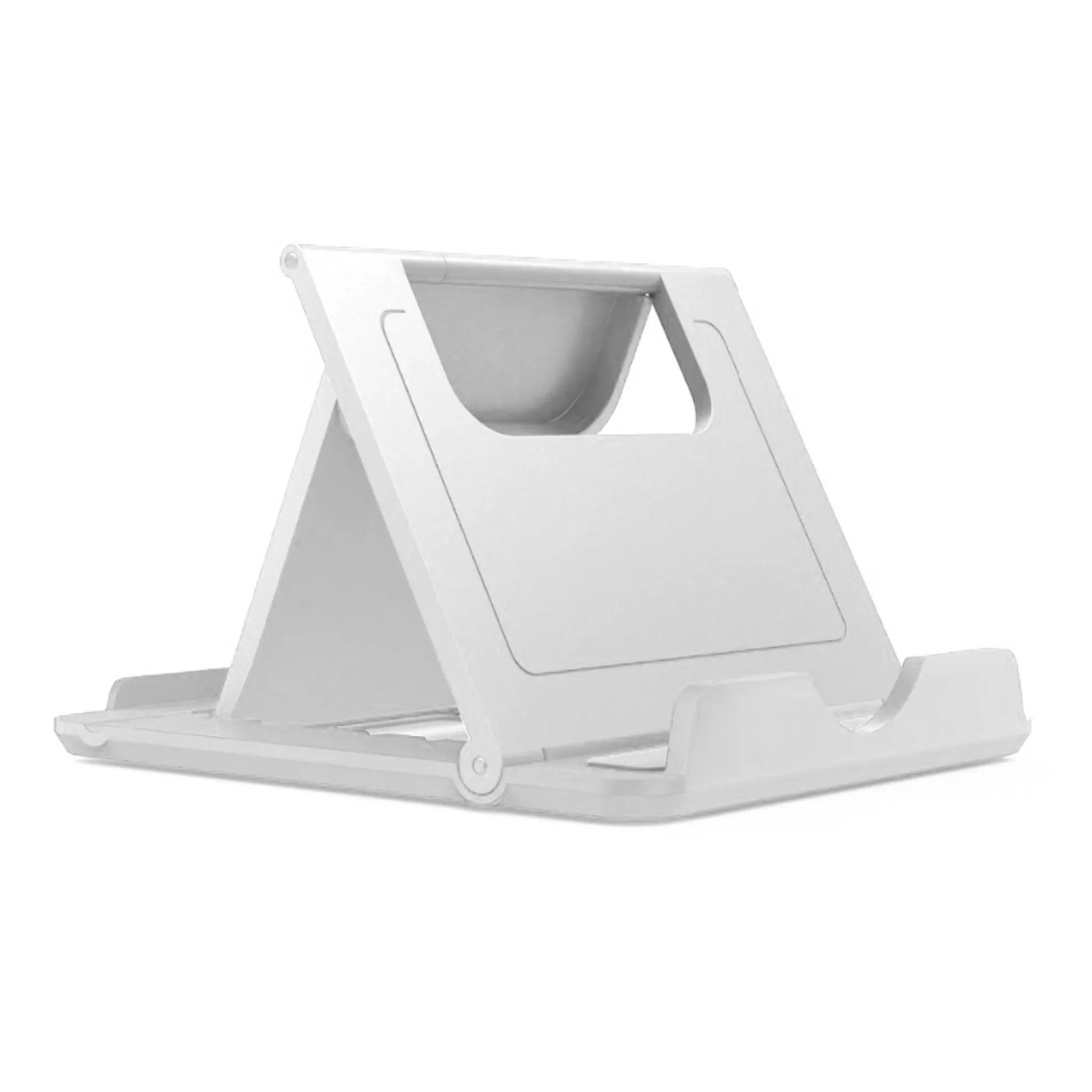 Ein weißer, faltbarer Tablet-Ständer, angewinkelt und offen, mit einem Schlitz zur Aufnahme eines Tablets.