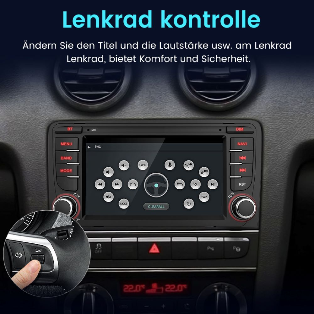 Autoradio-Bildschirm mit Lenkradbedienelementen, hervorgehoben mit einer Hand, die eine Taste drückt.