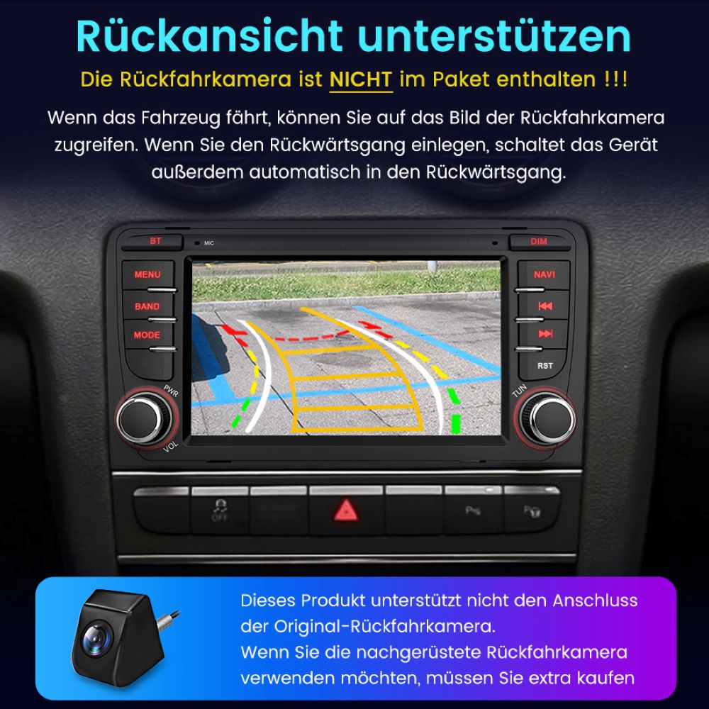 Autoradio-Bildschirm zeigt Rückfahrkamera-Ansicht. Eine separate Kamera wird gezeigt. Text diskutiert die Funktion.