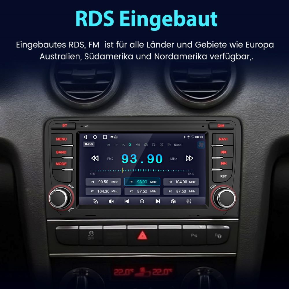Autoradio-Bildschirm mit Radiofrequenzinformationen, wobei die RDS-Funktion hervorgehoben wird.