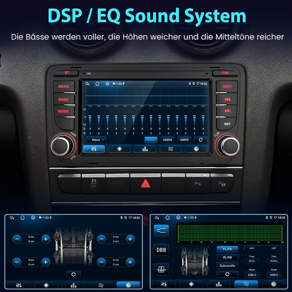 Autoradio-Bildschirm mit EQ-Sound-System-Einstellungen, mit detaillierten Bedienelementen und Anpassungsoptionen.