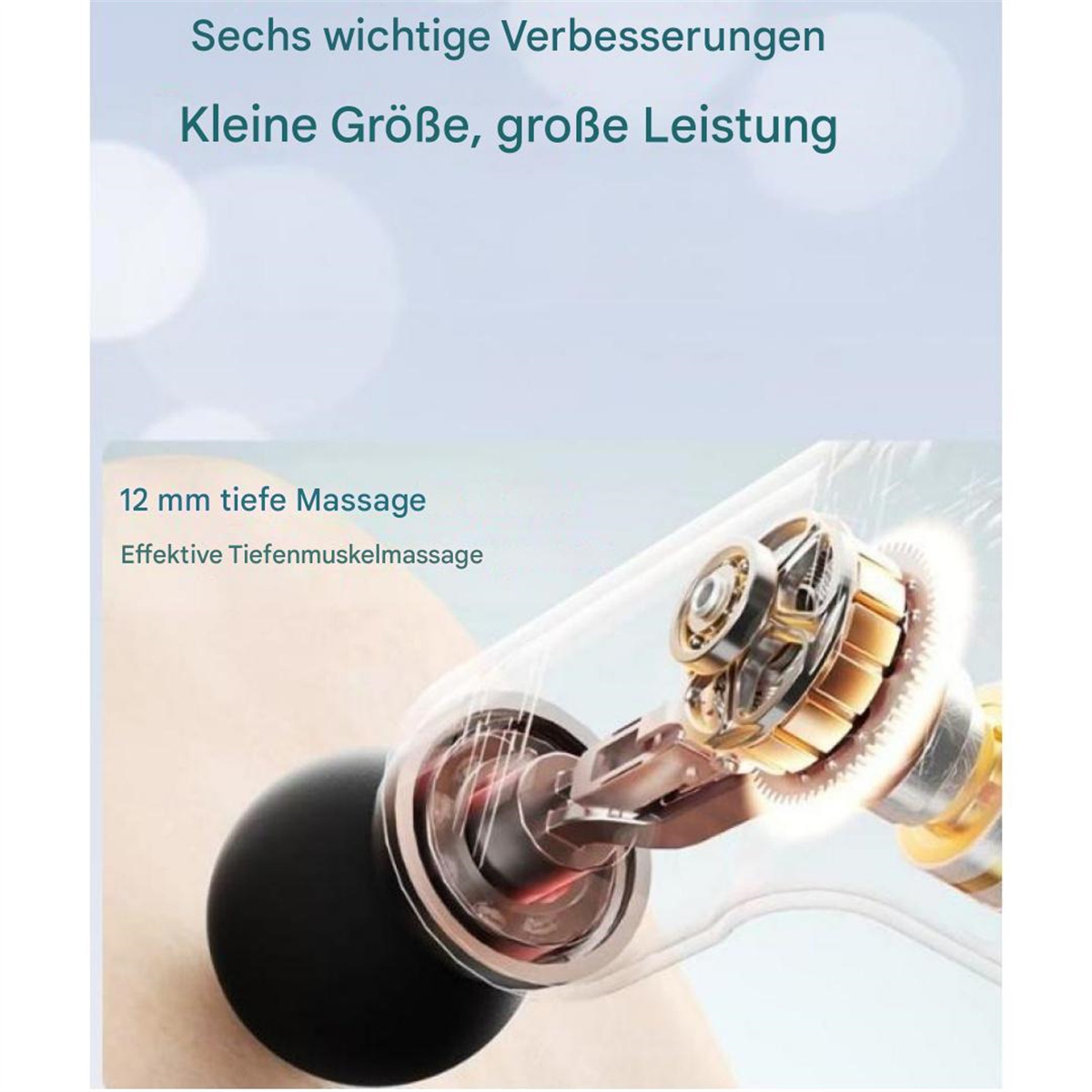 Nahaufnahme des Mechanismus einer Massagepistole. Zeigt Zahnräder und einen schwarzen Ball. Demonstriert Tiefenmuskelmassage.