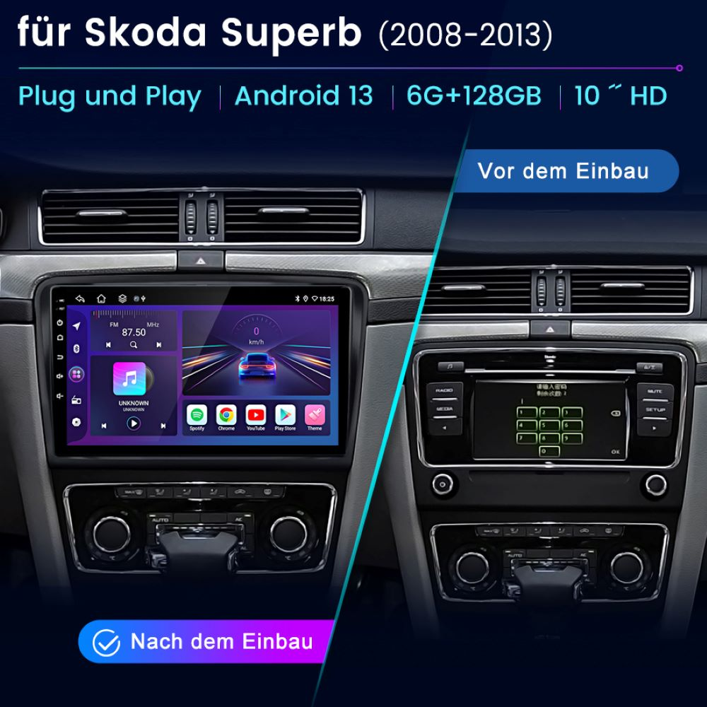 Armaturenbrett vor und nach dem Einbau eines neuen Stereos. Zeigt die alten und neuen Stereo-Schnittstellen.