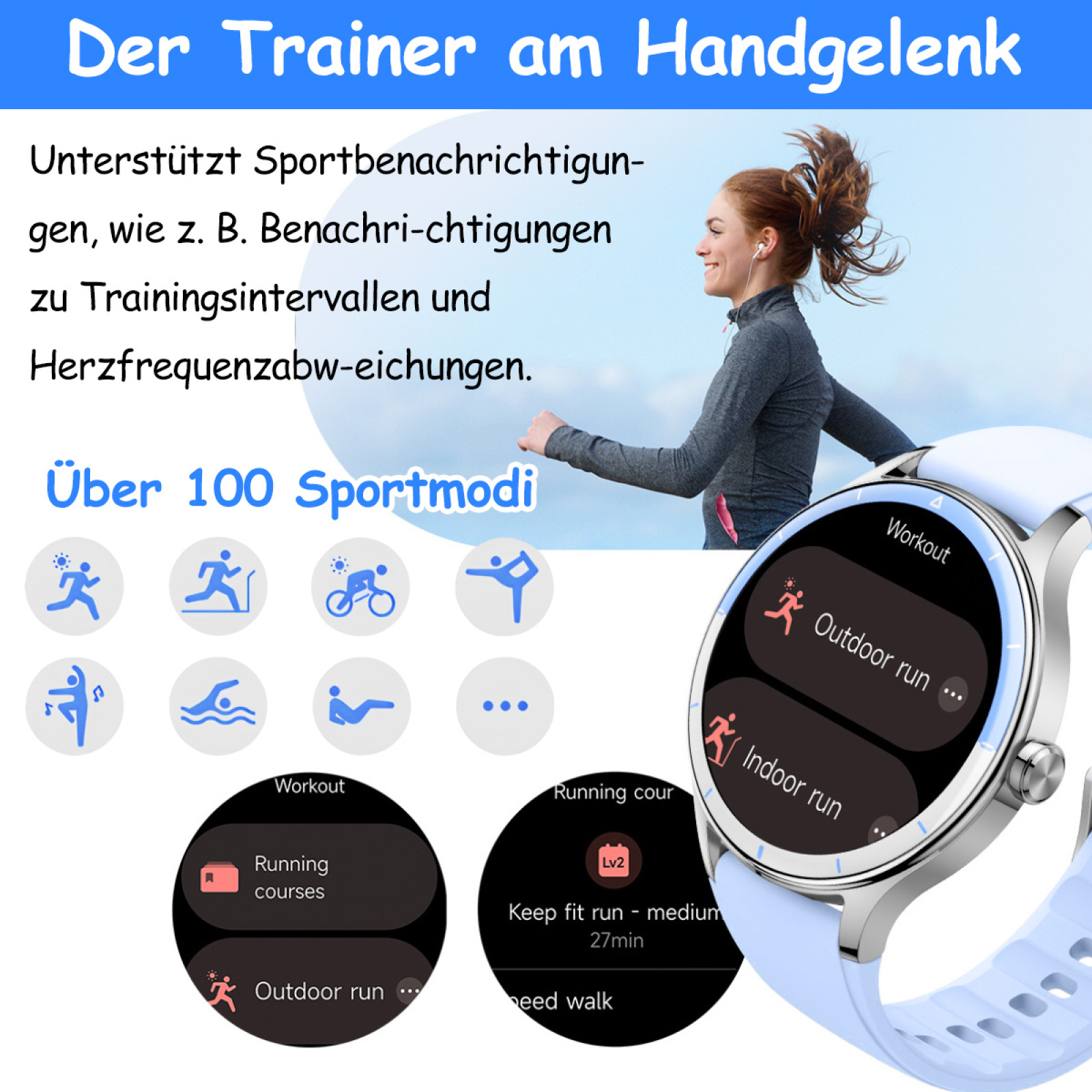 Frau, die mit Smartwatch läuft. Die Uhr zeigt 'Outdoor Run'. Deutscher Text lautet: 'Der Trainer am Handgelenk'.