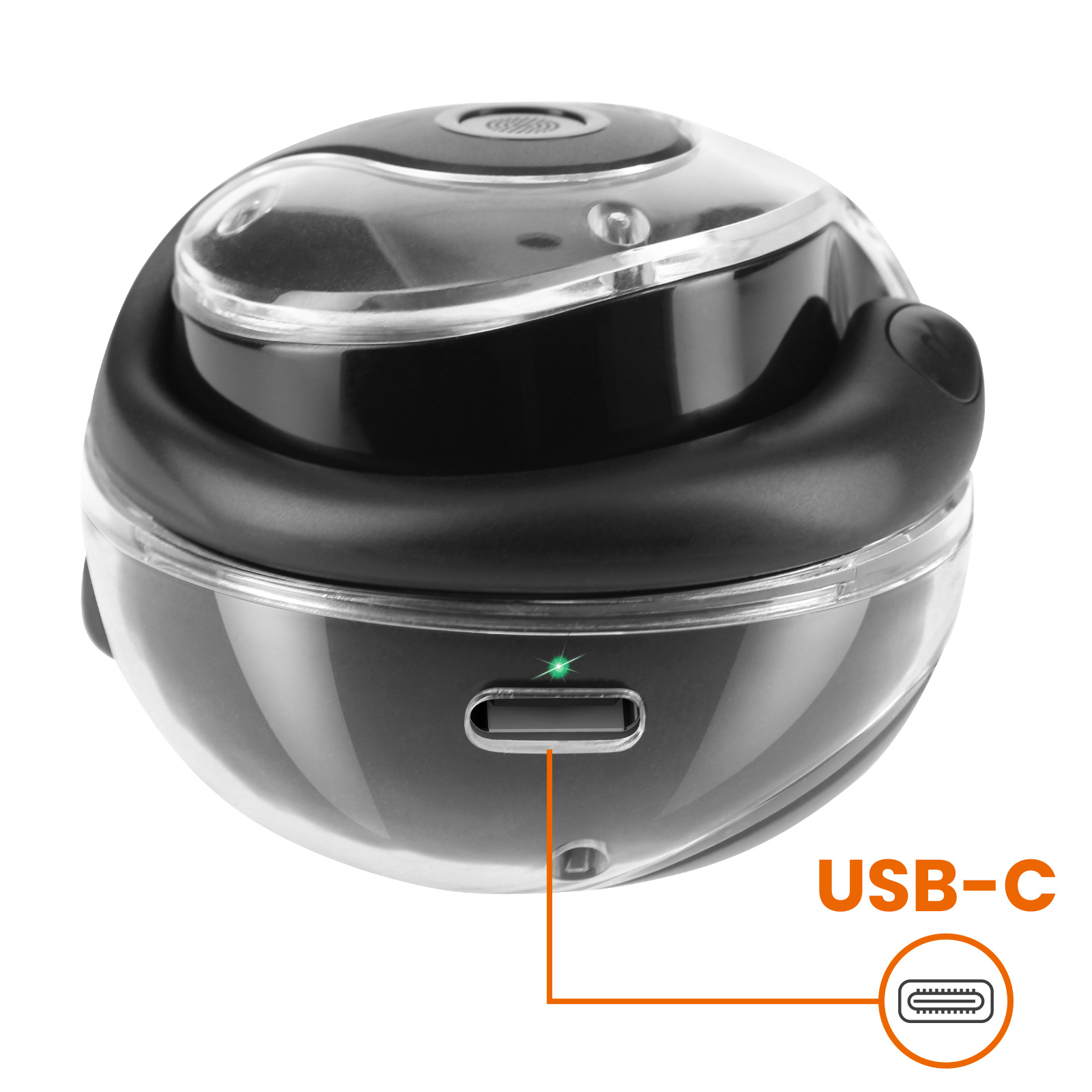 Ein kleines, schwarzes, abgerundetes Gerät mit USB-C-Anschluss. 'USB-C' steht in der Nähe des Anschlusses.