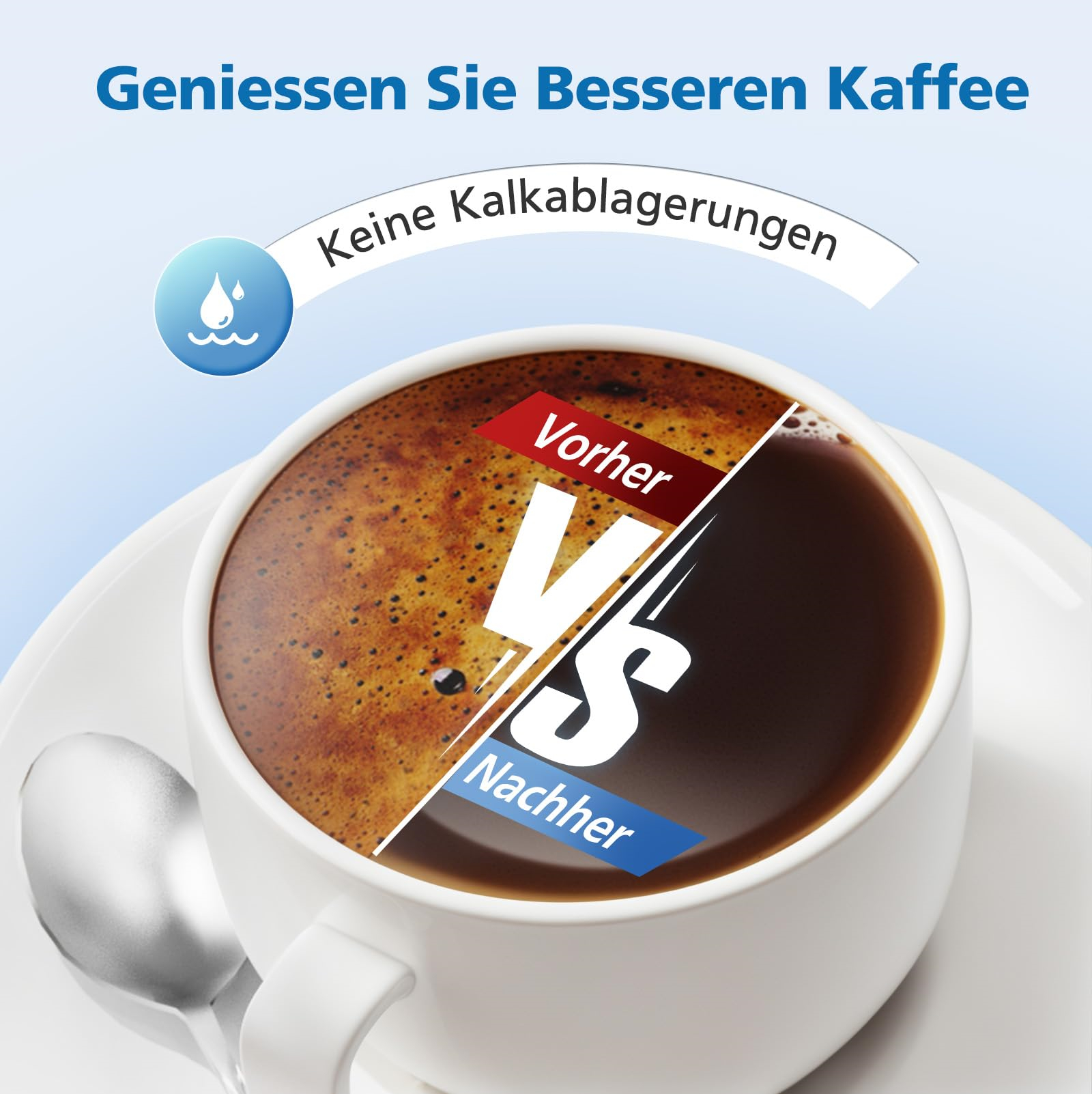 Eine Tasse Kaffee mit dem Text 'Vorher' und 'Nachher'. Vorher/Nachher zeigt einen Unterschied in der Kaffeequalität.
