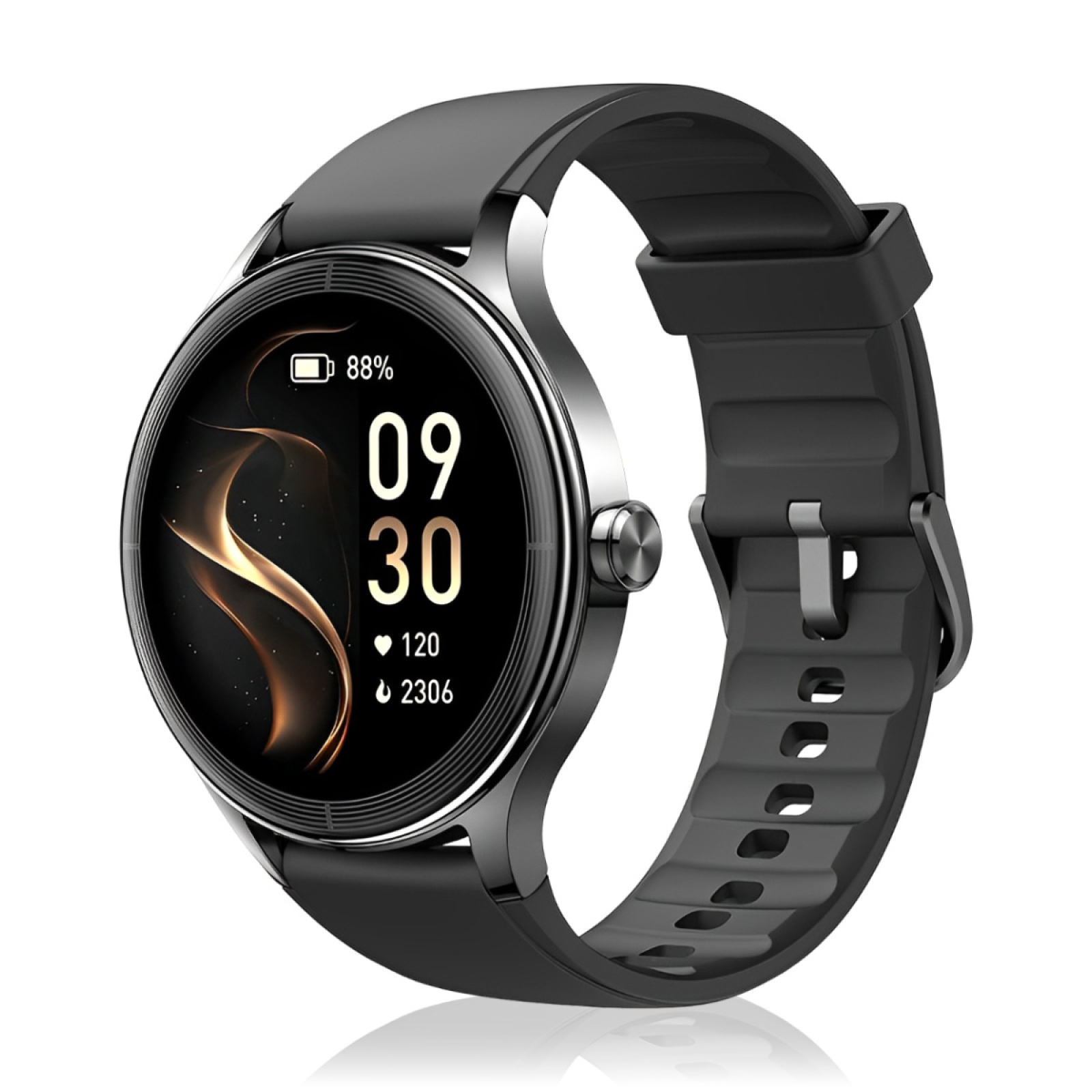 Eine schwarze Smartwatch mit rundem Zifferblatt. Das Display zeigt Zeit, Akkulaufzeit und andere Gesundheitsdaten.