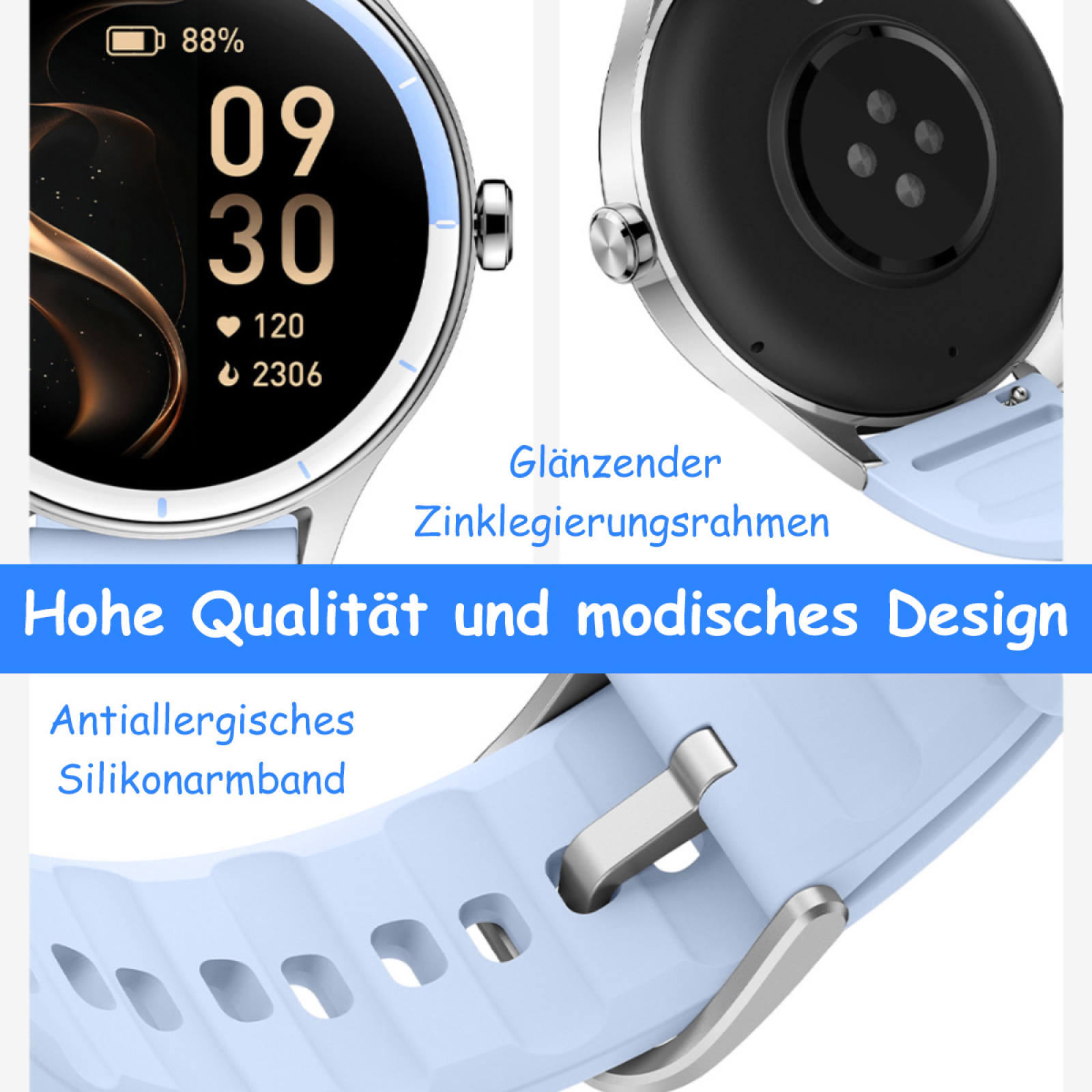 Nahaufnahme einer hellblauen Smartwatch. Sie zeigt die Uhrzeit, Akkulaufzeit und andere Metriken. Sie hat einen Metallrahmen.