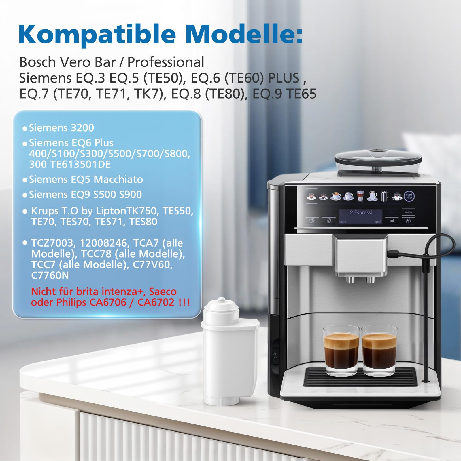 Eine Kaffeemaschine und ein Wasserfilter. Text listet kompatible Modelle von Bosch Vero Bar, Siemens, Krups usw.