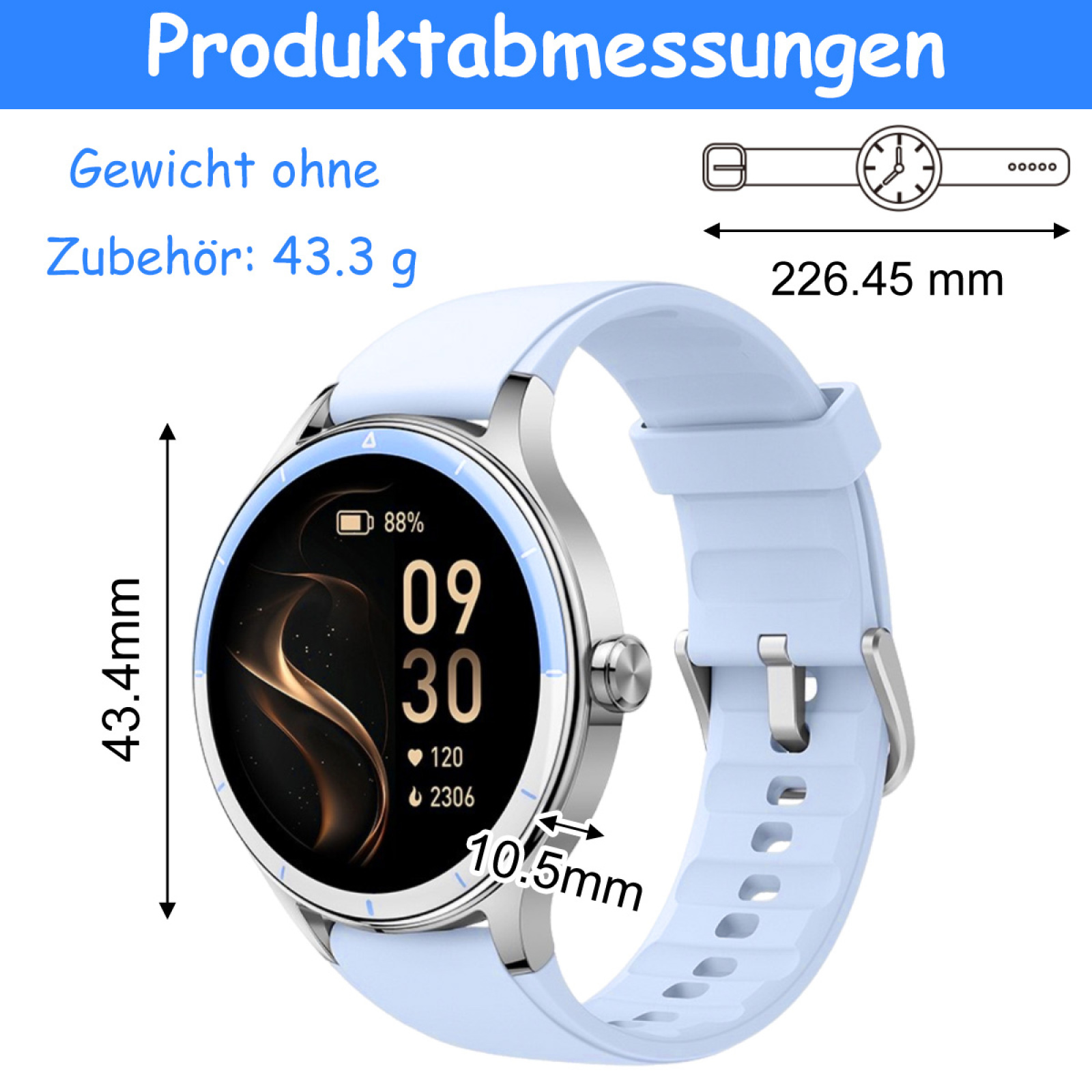 Eine hellblaue Smartwatch mit Maßen. Sie zeigt Zeit, Akku, Herzfrequenz. Abmessungen: 43,4 mm x 10,5 mm x 226,45 mm.