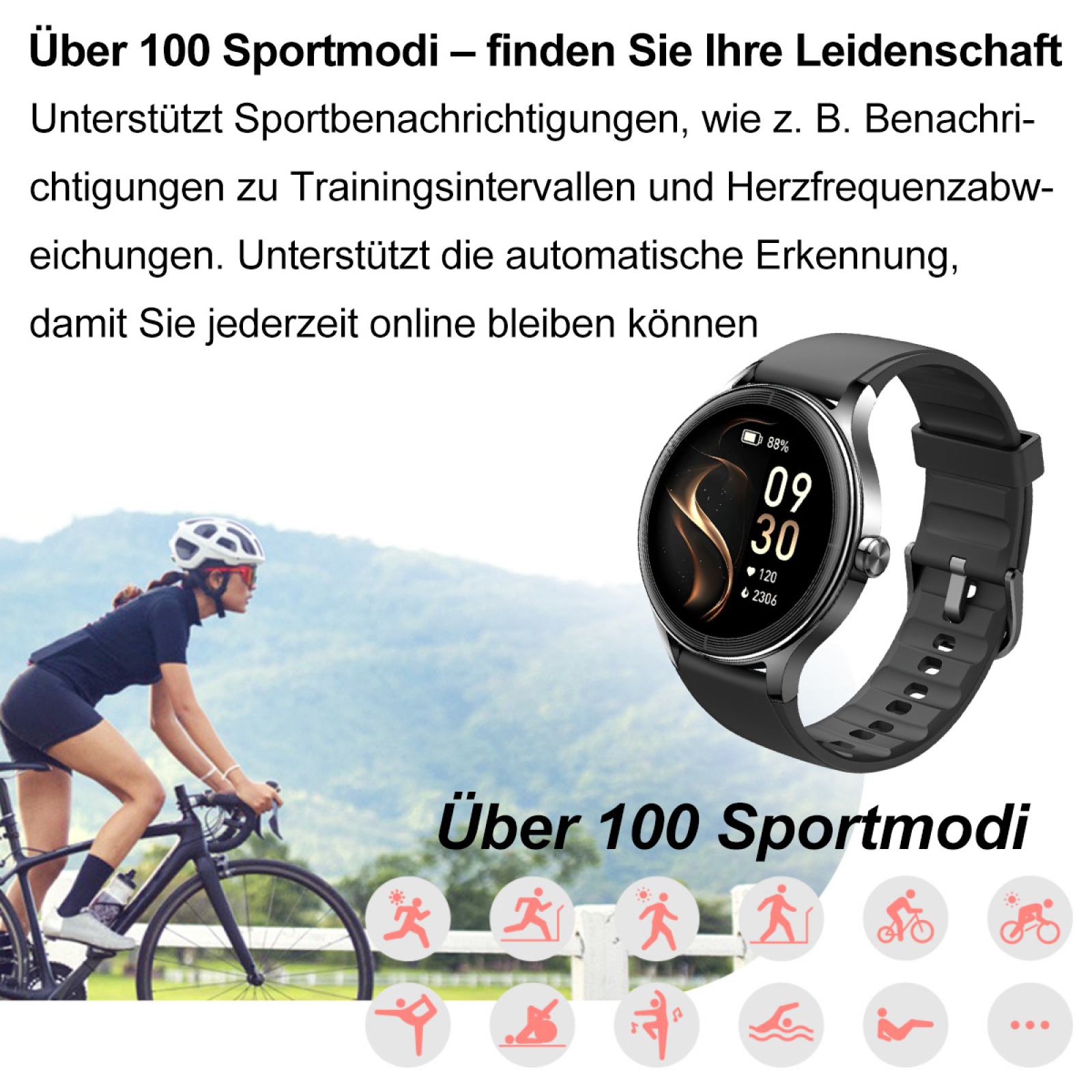 Eine Frau fährt Fahrrad mit Smartwatch. Die Uhr zeigt Gesundheitsdaten. Text: 'Über 100 Sportmodi'.